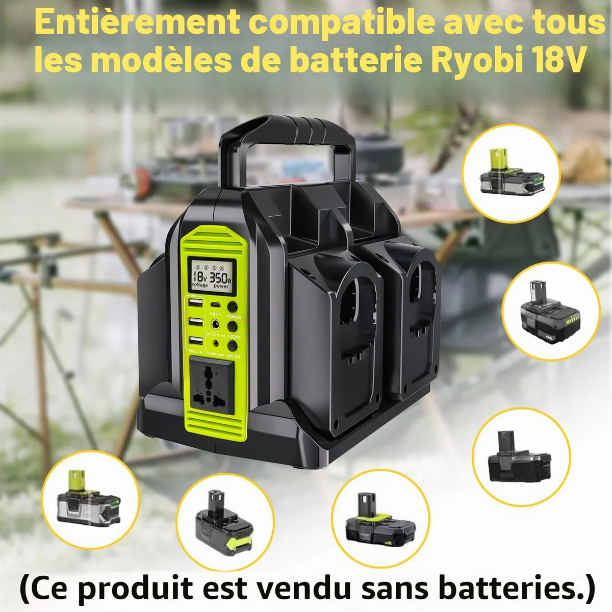 Onduleur à onde sinusoïdale pure 350 W 4 ports, alimentation CC 18 V à 230 V/240 V AC, compatible avec les batteries au lithium Ryobi 18 V (batterie non incluse) | Convertisseur de puissance sans fil