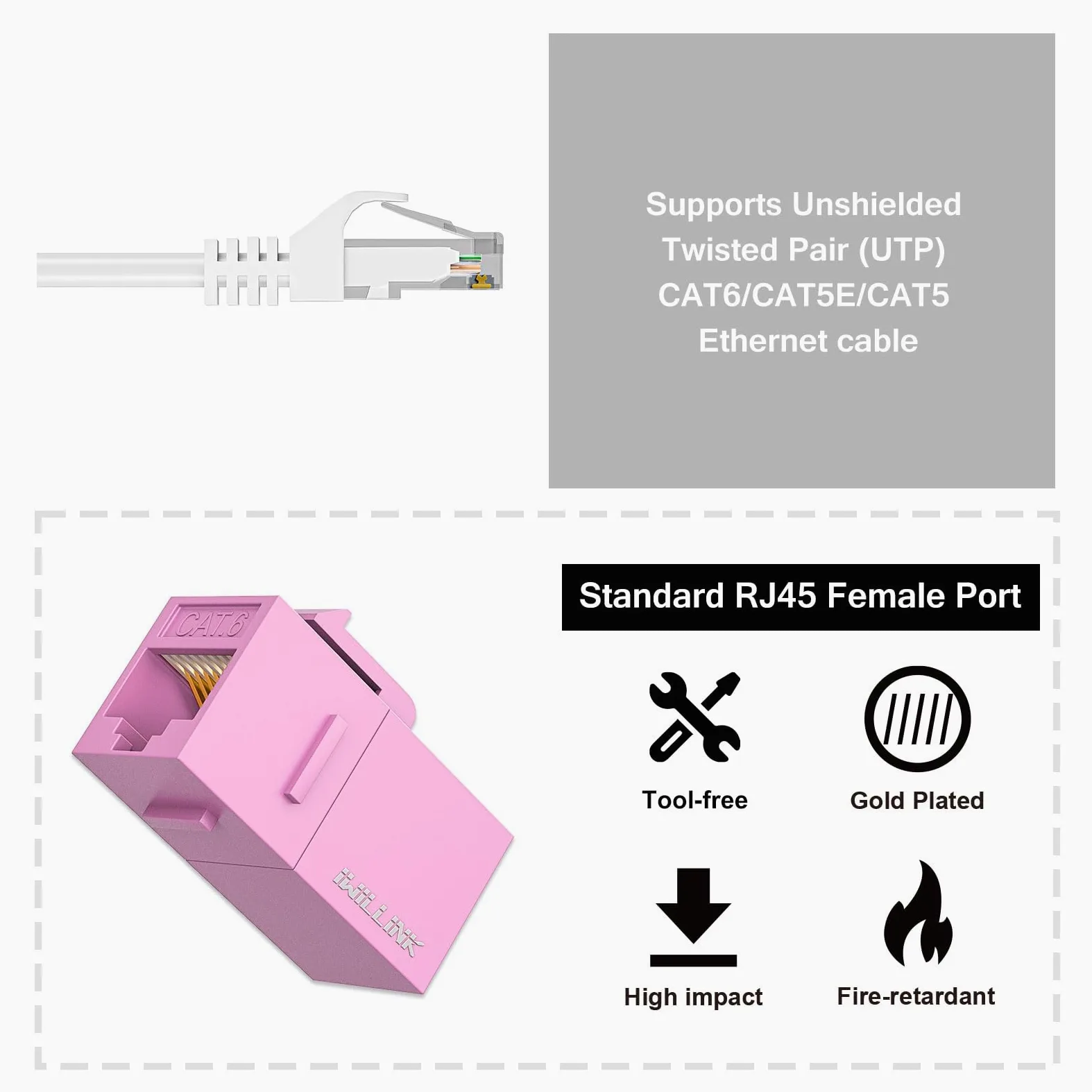 iwillink Lot de 25 coupleurs Keystone Cat6, femelle vers femelle Cat6 RJ45, coupleur Keystone UTP pour câble réseau Cat6/Cat5e/Cat5, rose