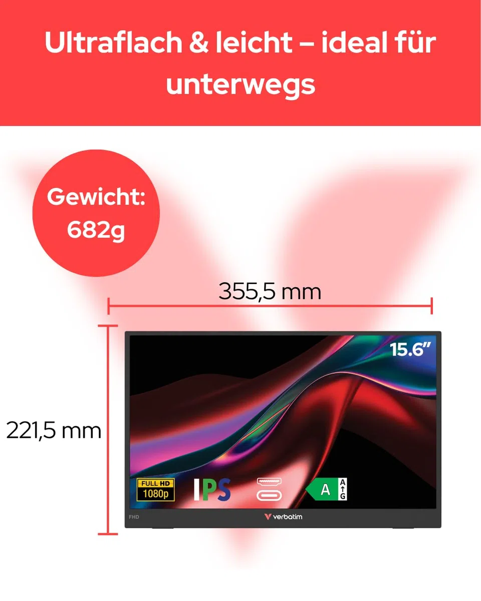 Verbatim Moniteur Portable, écran Mobile Full HD 15,6", Moniteur Portable en Plastique pour Ordinateur Portable, Tablette, Smartphone, PS5 ou Nintendo Switch avec Ports USB-A, USB-C et HDMI, Noir
