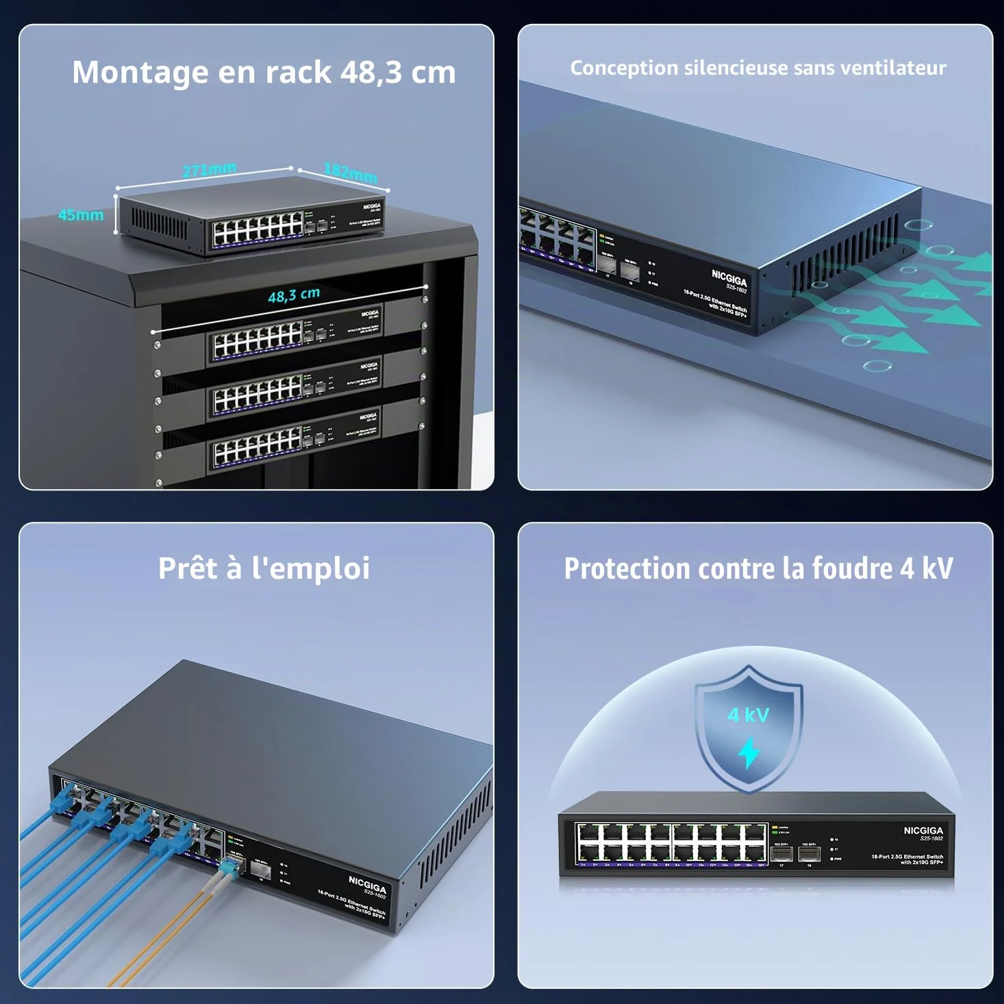 16 Port 2.5G + 2 Port 10G SFP+ Commutateur Ethernet, Commutateur Réseau NICGIGA 18 Ports 2.5Gb Non Géré, Plug & Play, Montage Bureau ou Rack 19 Pouces, Design Métallique sans Ventilation.