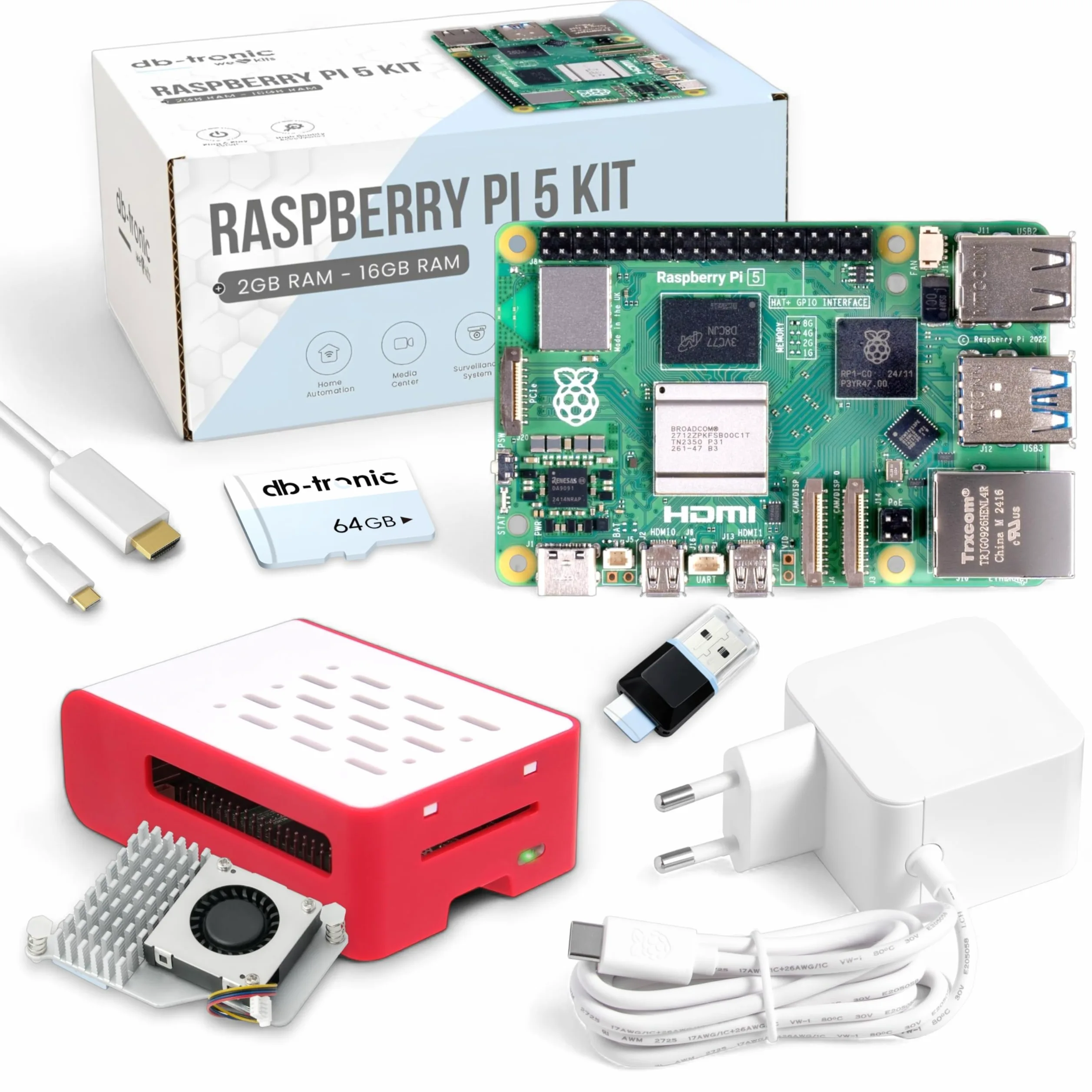 db-tronic Starter Kit pour Raspberry Pi 5 8 Go | Édition 64 Go | Alimentation 27 W | Boîtier Airflow | Refroidissement Actif | Micro HDMI 4K | idéal pour Home Assistant et Le Smart Home