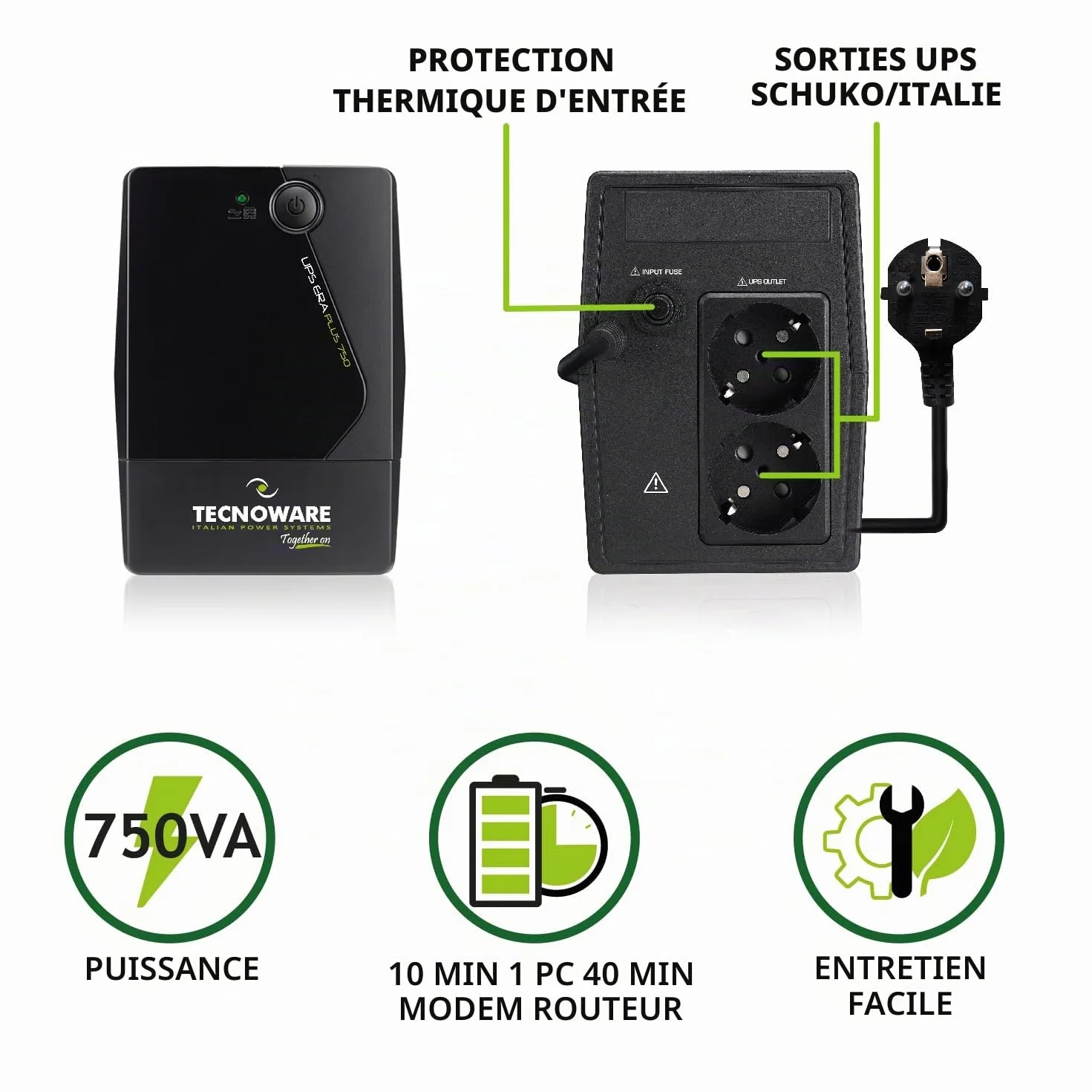 Tecnoware ERA PLUS UPS 750VA Onduleur 2 Prises Schuko Protection Surtension PC Modem