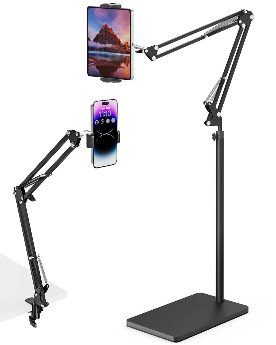 Support Tablette de Sol avec Base 5KG et Pince de Bureau, Support de Bras Pliable à Angle Réglable en Hauteur, Compatible avec iPhone, iPad Pro Air Mini, Galaxy Tab, Kindle(4,5''-13'')