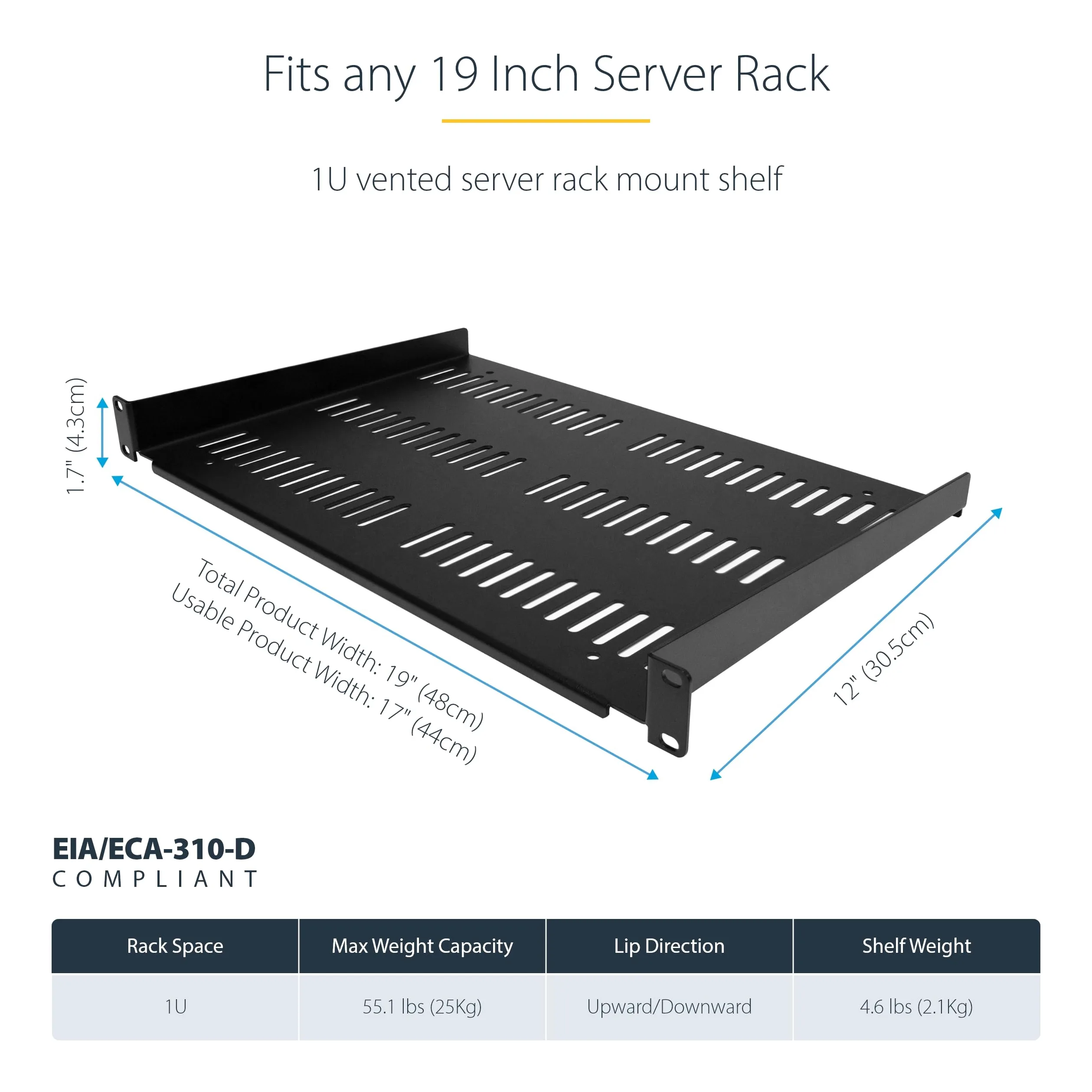 StarTech Étagère Ventilée 1U 19", 30,5cm, 25kg, Noir (SHELF-1U-12-FIXED-V) | Plateau cantilever universel, Rack serveur, Équipement réseau, Baie brassage, Acier