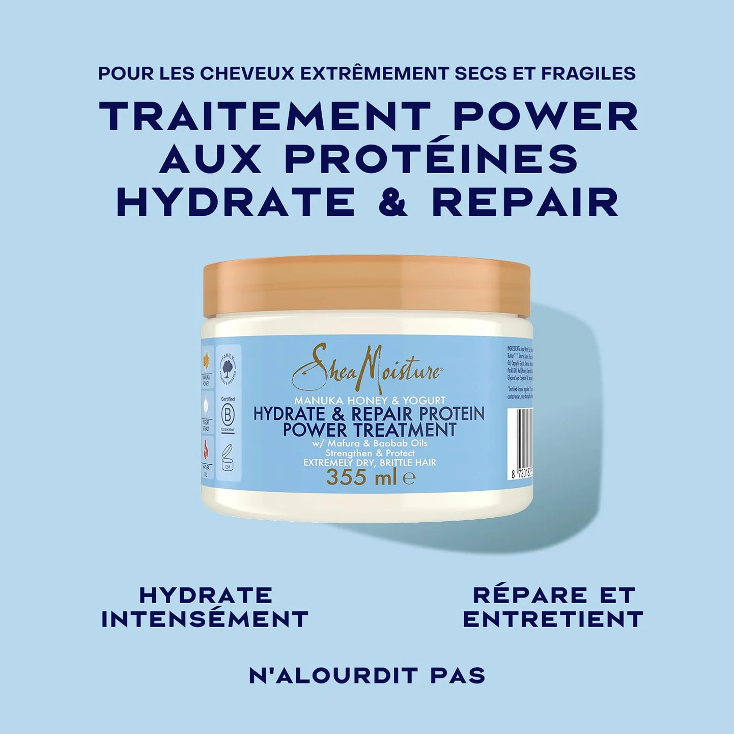 SheaMoisture Hydrate & Repair Protein Power Masque, Cheveux Bouclés Secs et Abîmés, Avec Miel de Manuka, 355ml