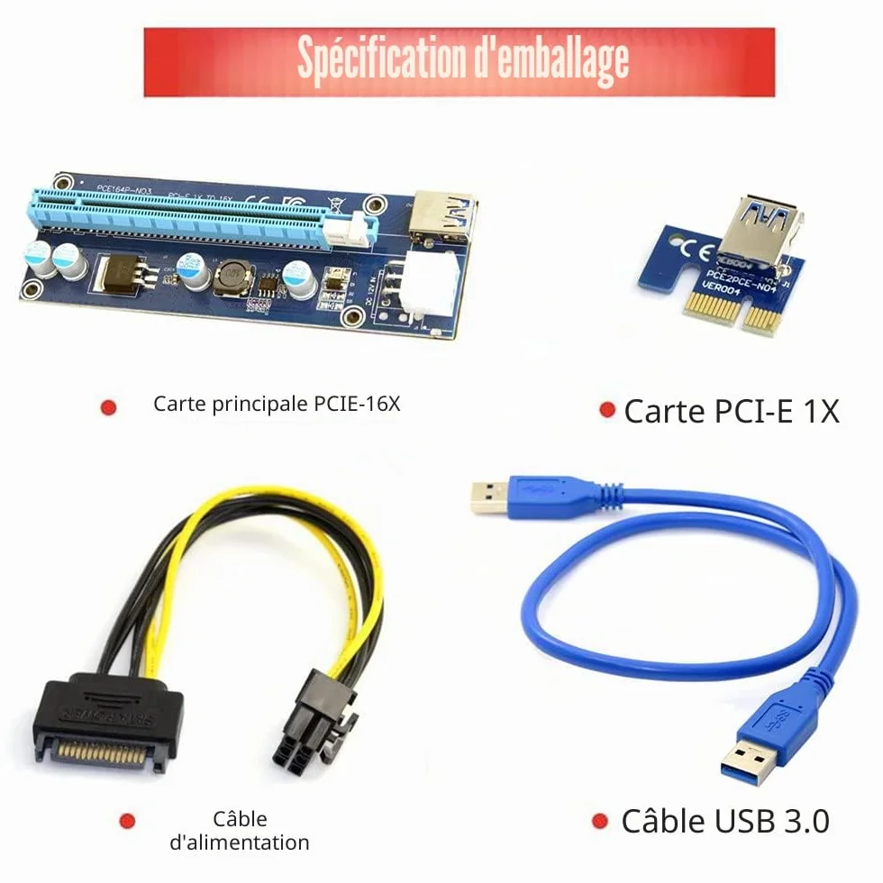 Adaptateur d'extension PCI-E 1x vers 16x avec USB 3.0 et câble d'alimentation 6 Broches