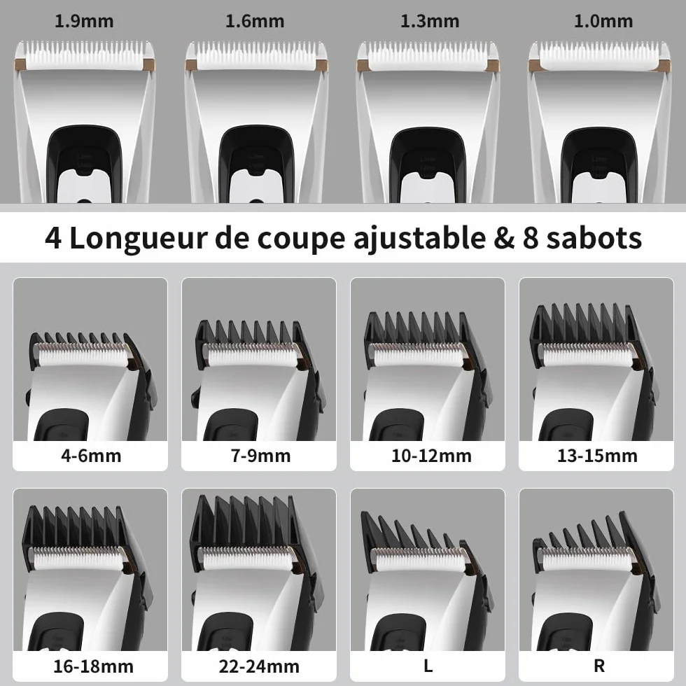 Professionnelle Tondeuse Cheveux Hommes sans Fil Lame Céramique Titane Réglable 8 Sabots