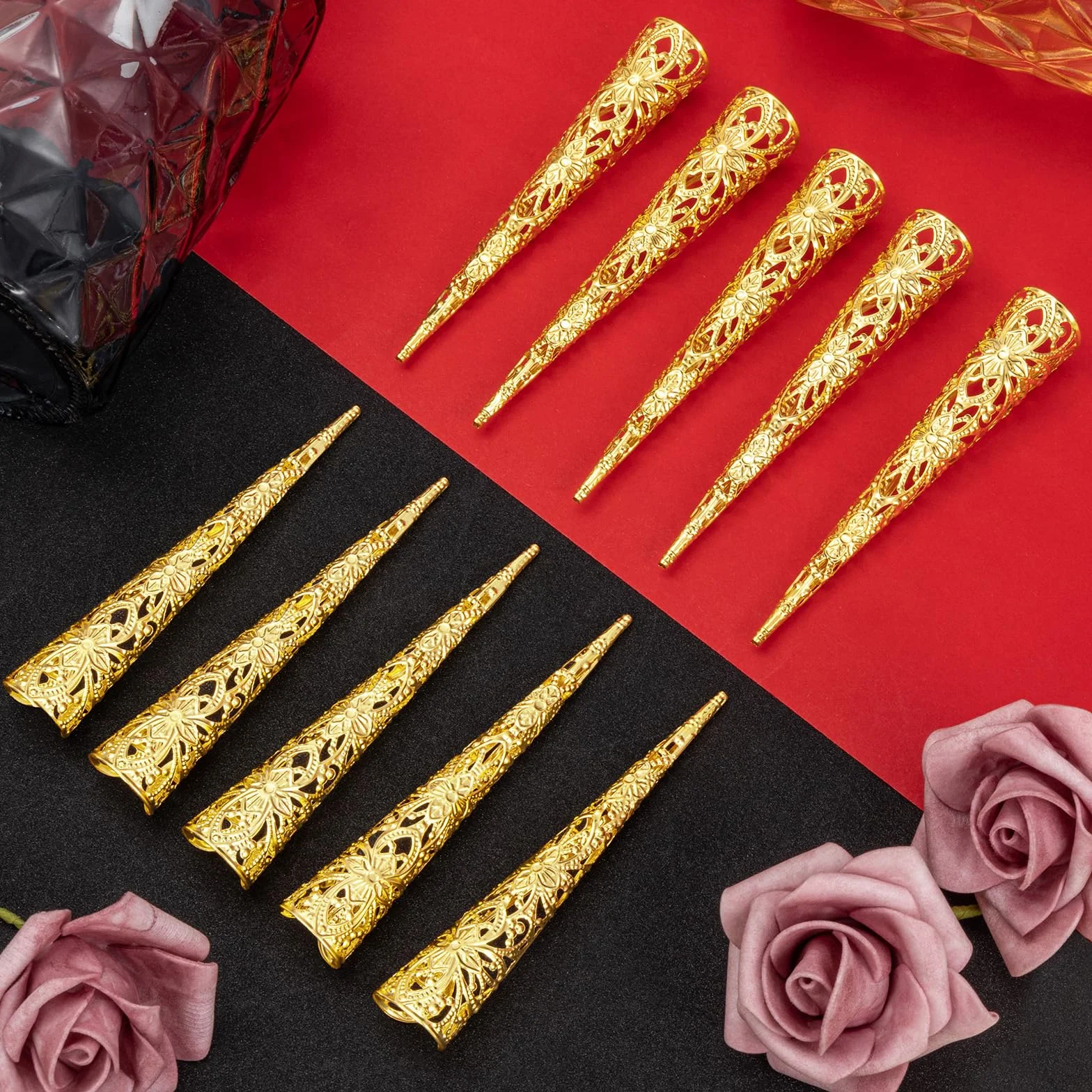 10 Pièces Doigt Ongle Griffe Anneaux Halloween Cosplay Métallique Faux Ongle Longs Costume Déguisement Doré Ancienne Reine