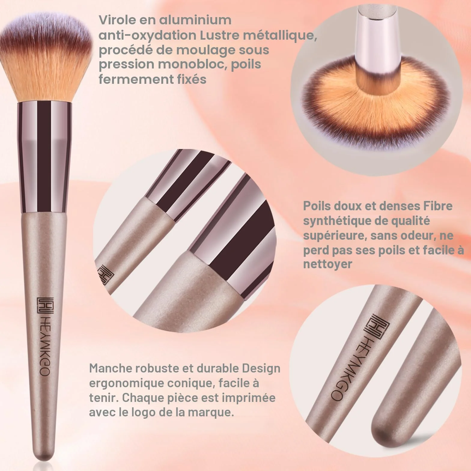 HEYMKGO Pinceaux Maquillages Lot de 15 Set Professionnel avec Trousse en Cuir PU Champagne Doré