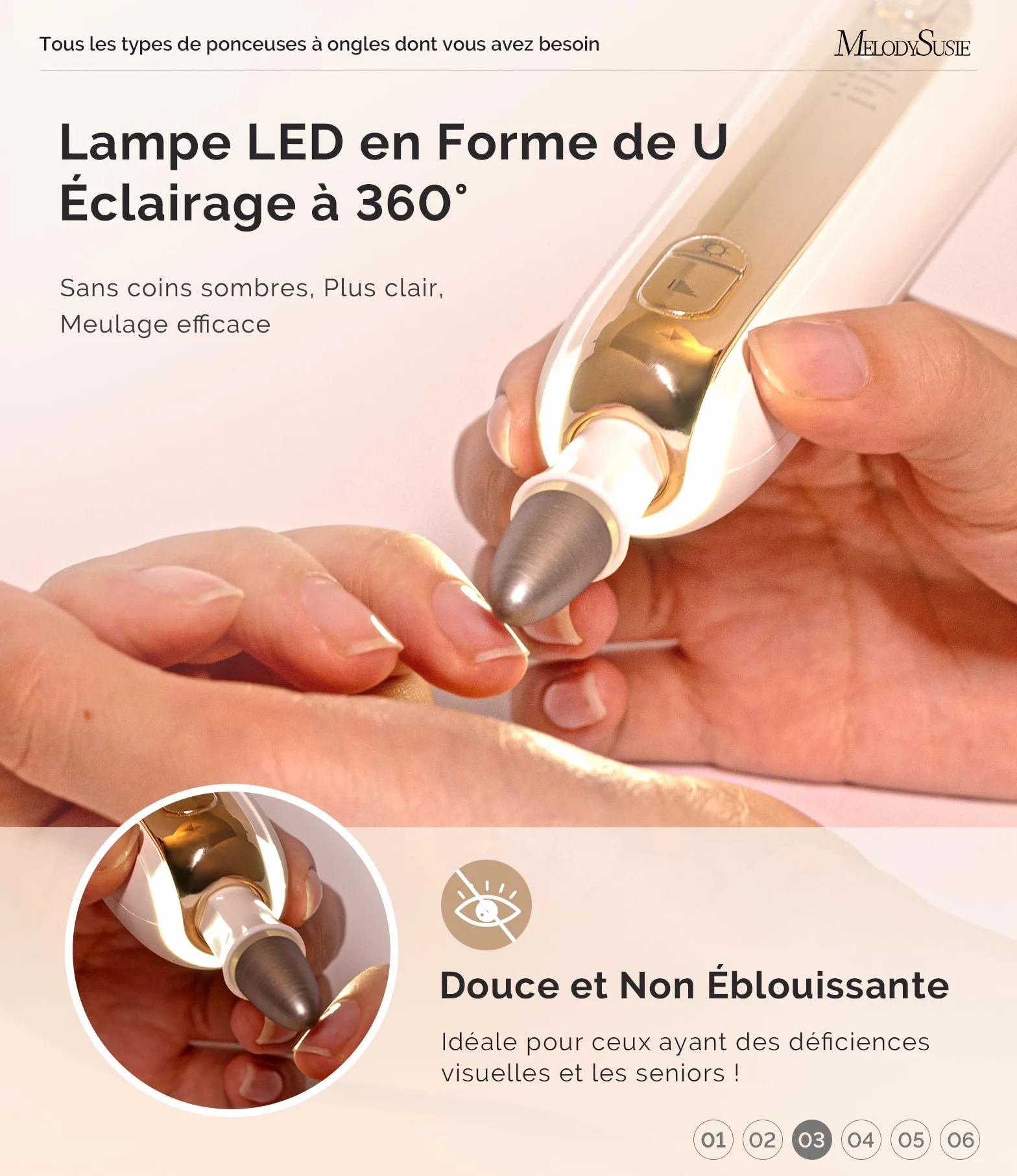 MelodySusie Ponceuse pour Ongles PC760G Kit Manucure Pédicure LED 360° 5 Vitesses Rechargeable Sans Fil Blanc&Or