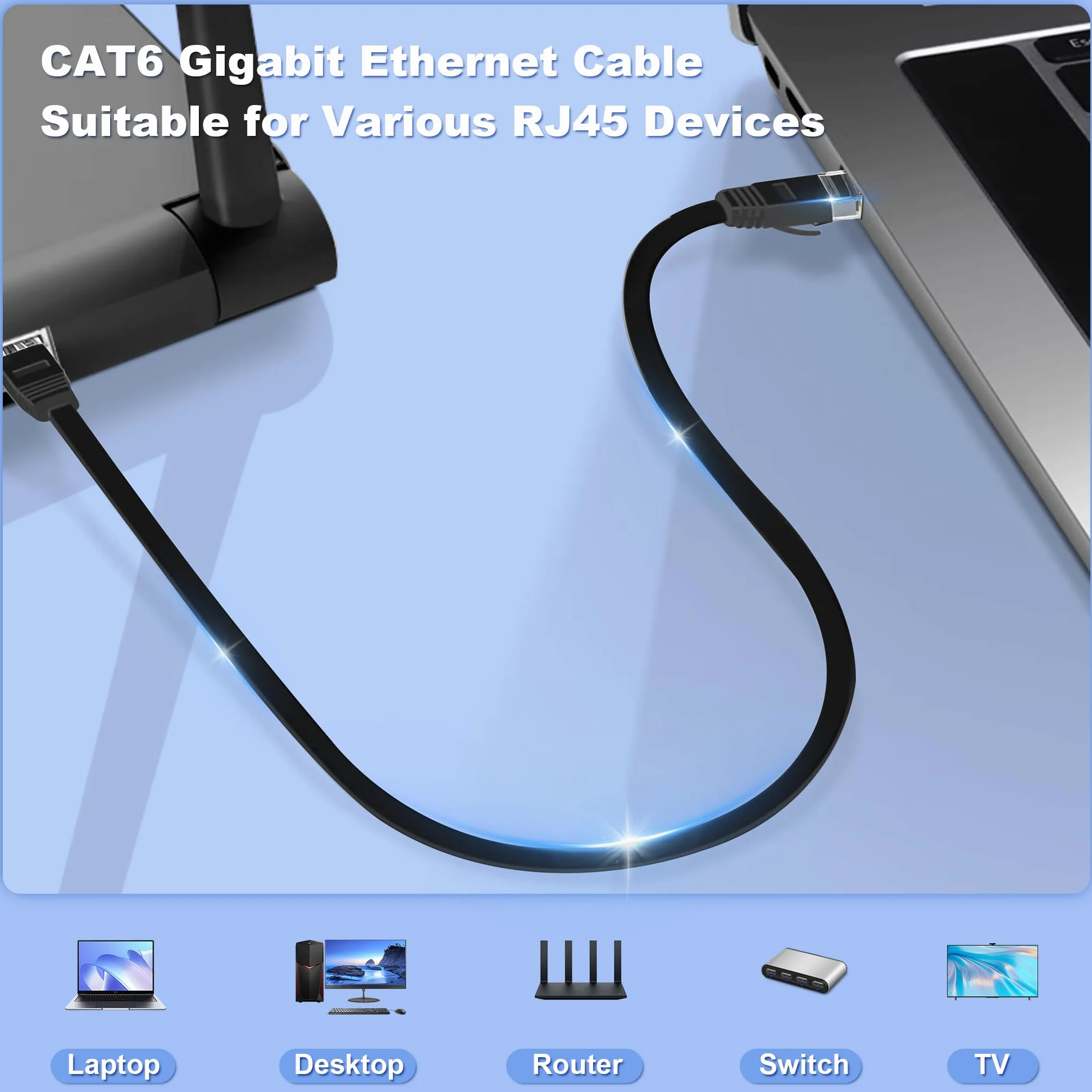 Câble réseau 50 m extérieur et intérieur, câble LAN 50 m Cat 6 Gigabit RJ45 50 m Câble Ethernet plat – 10 100 1000 Mbit s – Câble patch 50 m noir Cat 6 Câble WiFi pour routeur, commutateur, modem