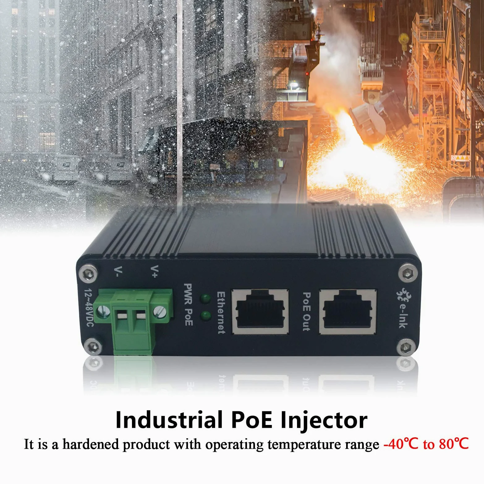 Injecteur PoE – Injecteur industriel Gigabit PoE+ IEEE802.3 à 30 W durci avec entrée 12-48 V DC rail DIN, montage mural