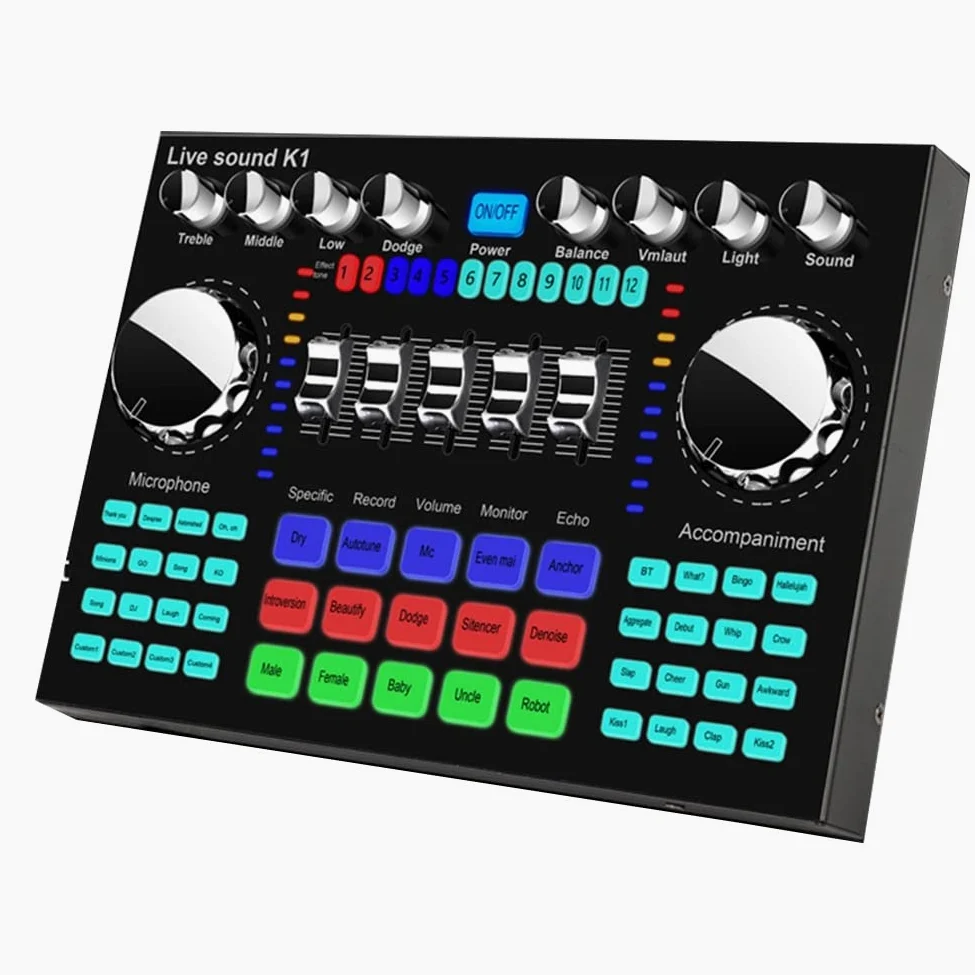 K1 Live Sound Card Portable Bluetooth Sound Card Profession RéGlable Volume Audio pour L'Enregistrement de Musique