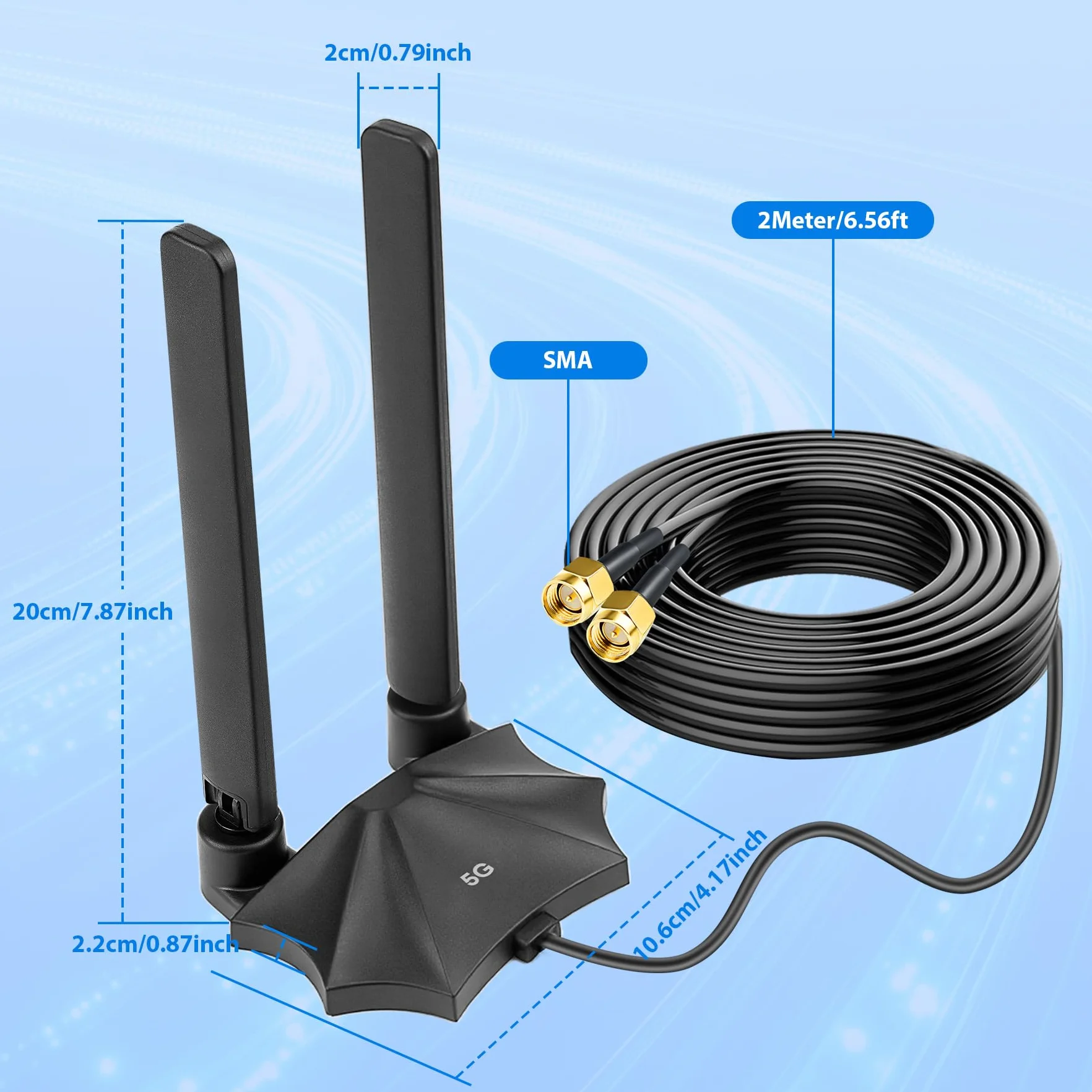 Antenne routeur 5G 4G LTE 8dBi – Large bande 698-3980 MHz Antenne magnétique avec câble de 2 m, prises SMA et TS9 compatible avec Netgear, Huawei, ZTE et passerelles industrielles