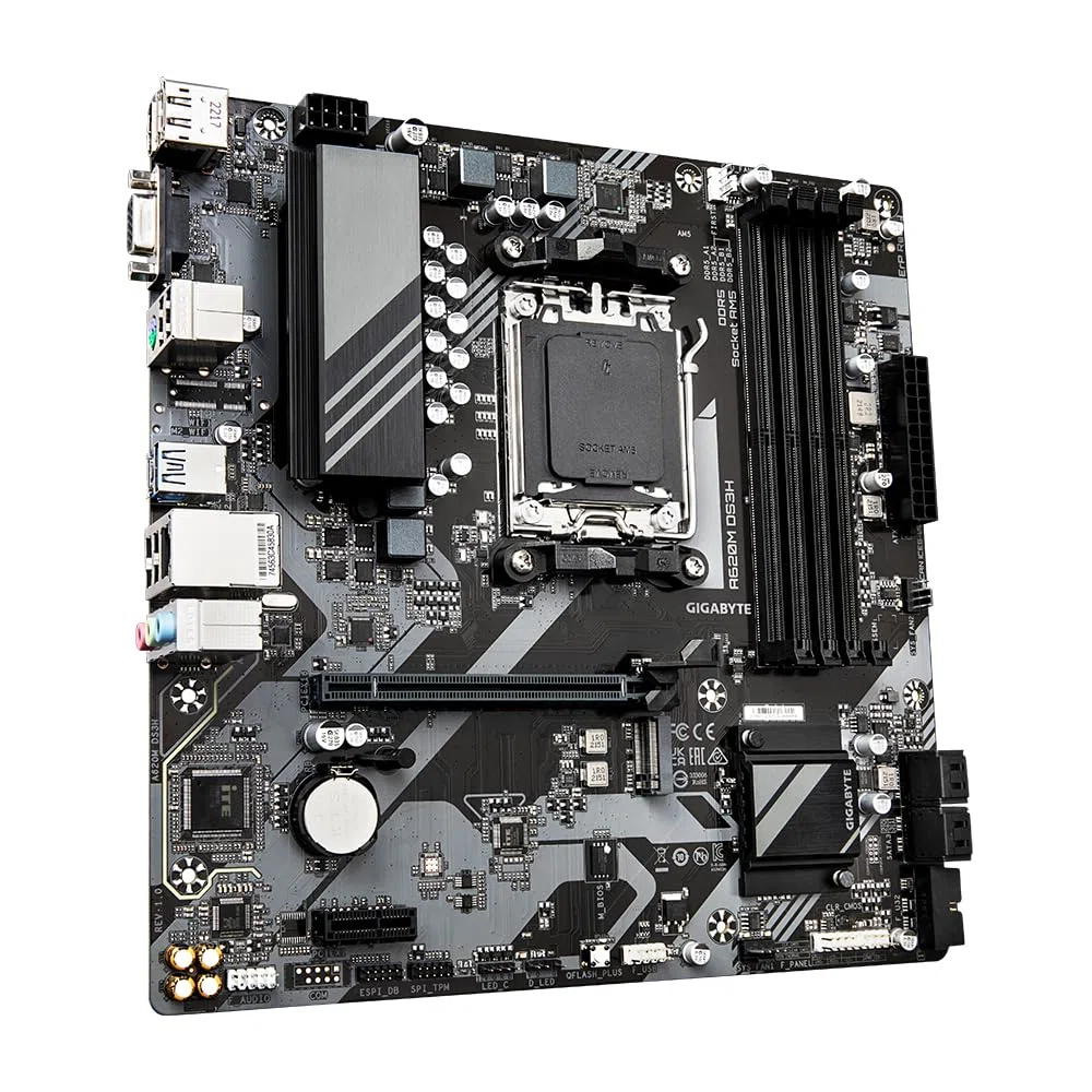 GIGABYTE A620M DS3H Carte Mère - Prend en Charge Les processeurs AMD Ryzen 8000, VRM numérique 5+2+2 Phases, jusqu'à 7600MHz DDR5 (OC), 1xPCIe 4.0 M.2, LAN GbE, USB 3.2 Gen 1
