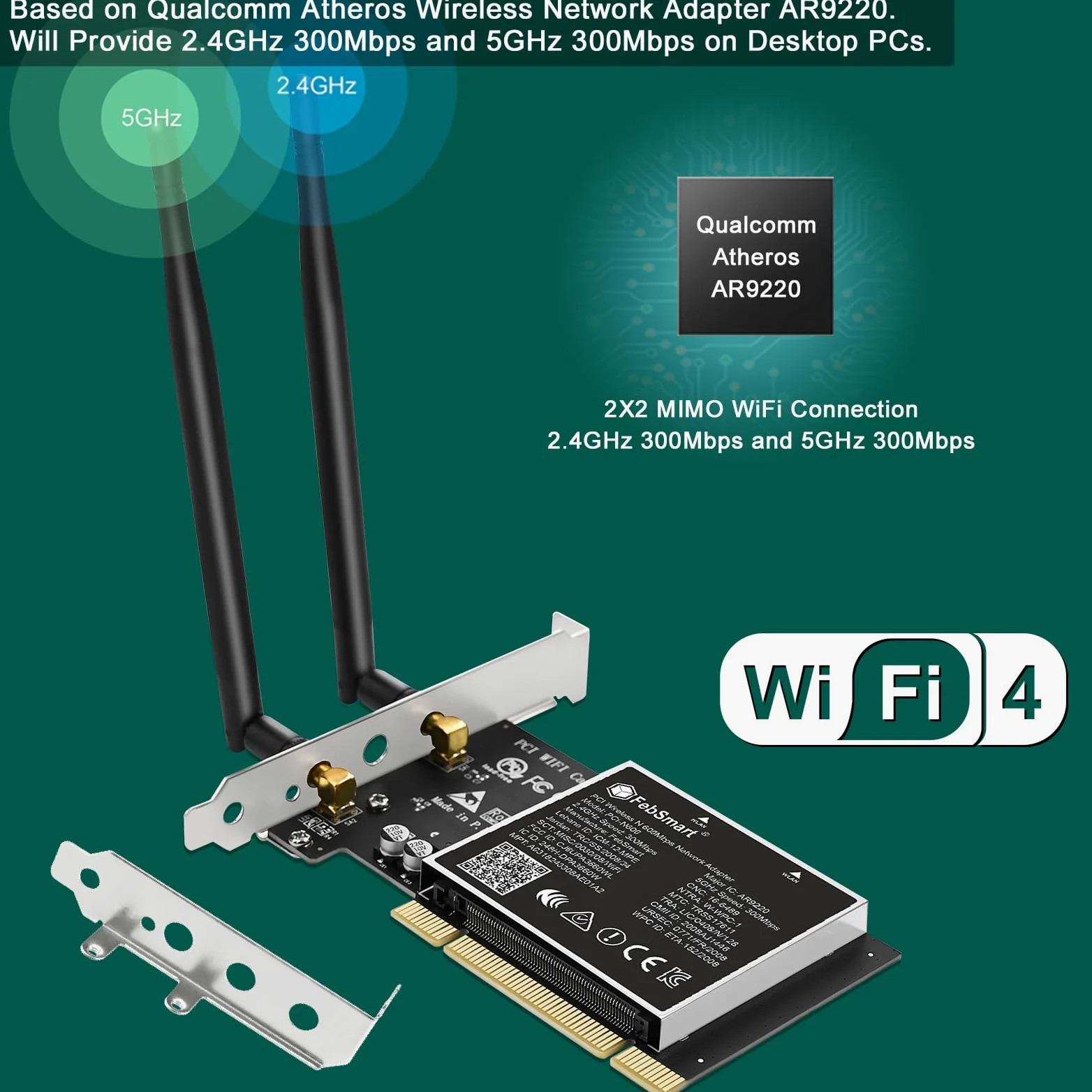 Wireless N Dual Band 600Mbps (2.4GHz 300Mbps or 5GHz 300Mbps) PCI WiFi Adaptateur pour Windows 11, 10, 8.x, 7, XP (32/64bit) et Windows Server PC de bureau, interface PCI WiFi carte (PCI-N600