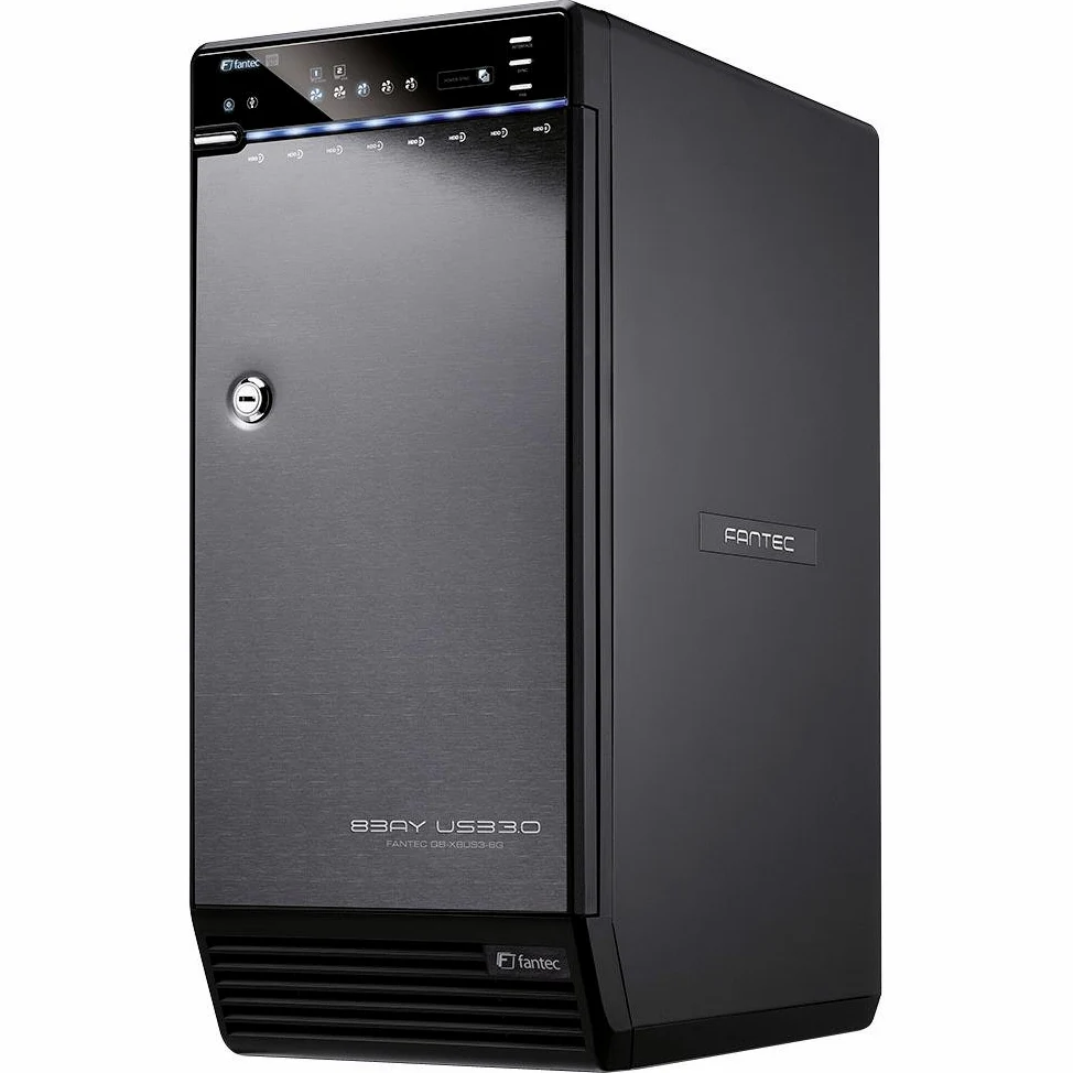 FANTEC QB-X8US3-6G Boîtier pour huit disques durs externes ( montage de 8 HDD SATA I/II/III de 8.89 cm (3.5 pouces), port USB 3.0 SUPERSPEED et eSATA, supporte 6G de débit, 2 ventilateurs de 80 mm interne) boîtier en aluminium noir