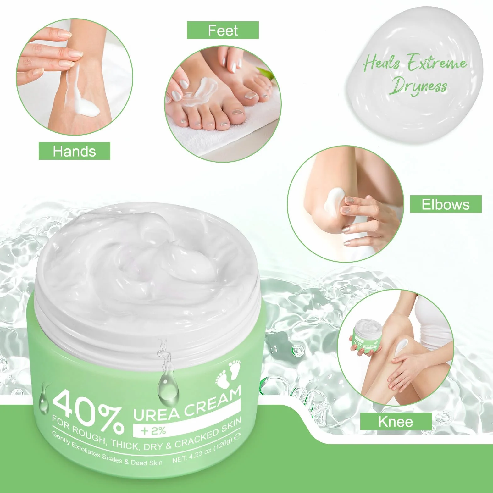Crème d'urée 2% acide salicylique acide hyaluronique arbre à thé aloe vera hydratation profonde pieds mains talons coudes