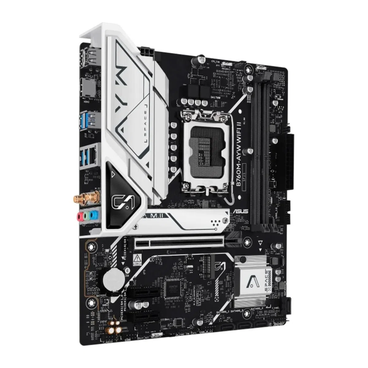 ASUS B760M-AYW WiFi II, Carte mère Intel mATX, LGA 1700, Emplacement DDR5, PCIe 5.0, Deux emplacements M.2, Ethernet Realtek 2.5Gb, Wi-FI 6, HDMI 2.1, SATA 6 Gbps, Ports USB Avant 5 Gbps, Aura Sync