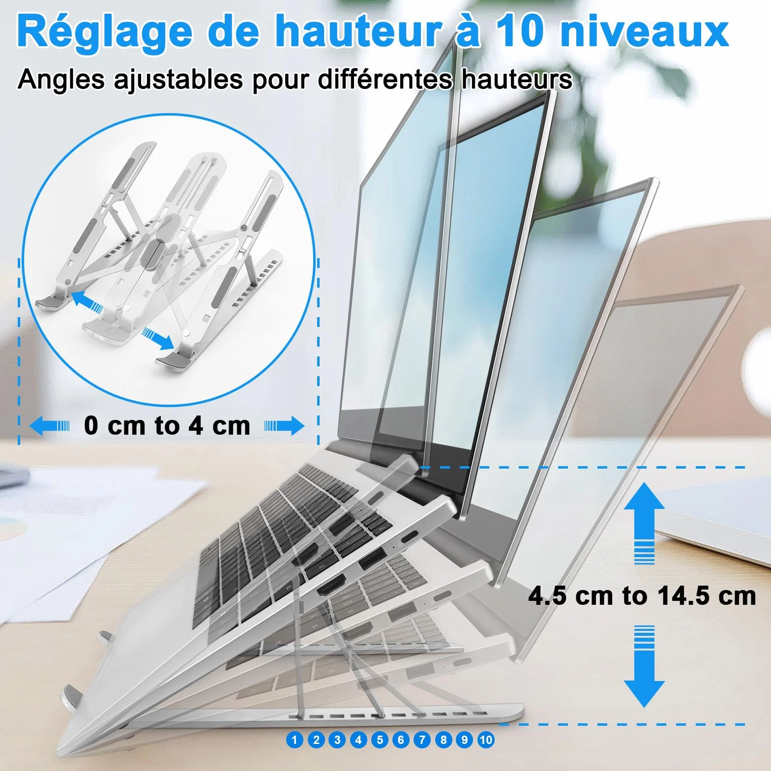 Support Ordinateur Portable 10 Niveaux Réglables, Rehausseur Pliable pour Bureau, Laptop Stand Silicone Antidérapant PC