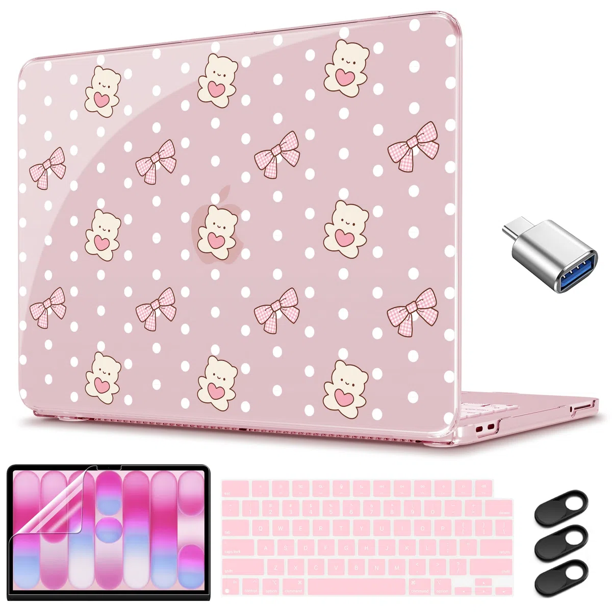 CISSOOK Coque de protection en plastique rigide pour MacBook Neo 13" A3404 avec protecteur de clavier, protecteur d'écran et adaptateur USB C Motif cœur et pois Rose