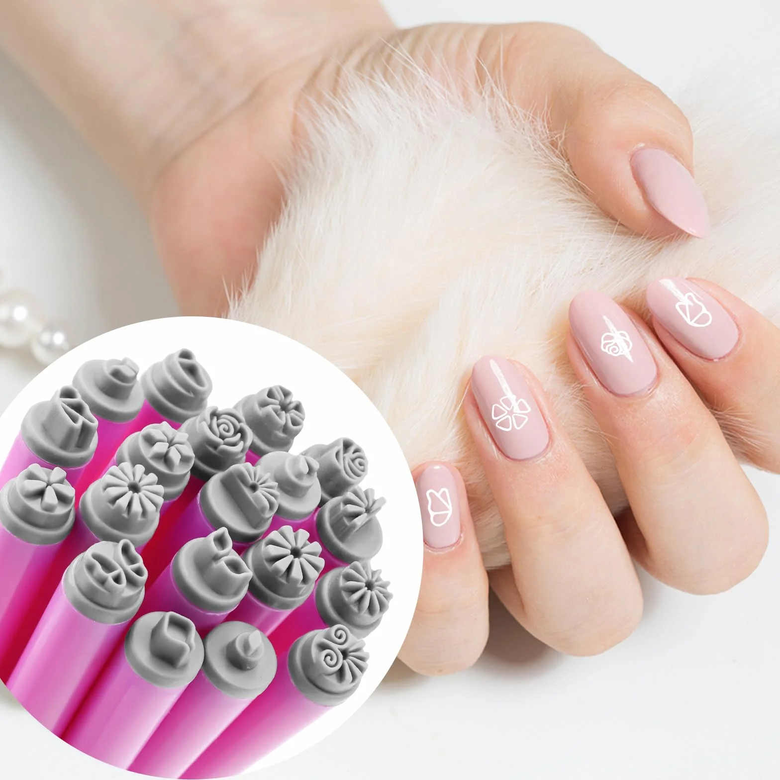 Stylos Tampons pour Ongles 19pcs, Outils Tampons Ongles avec Motifs Papillon Flocon Neige Fleur, Accessoires Ongles Bricolage