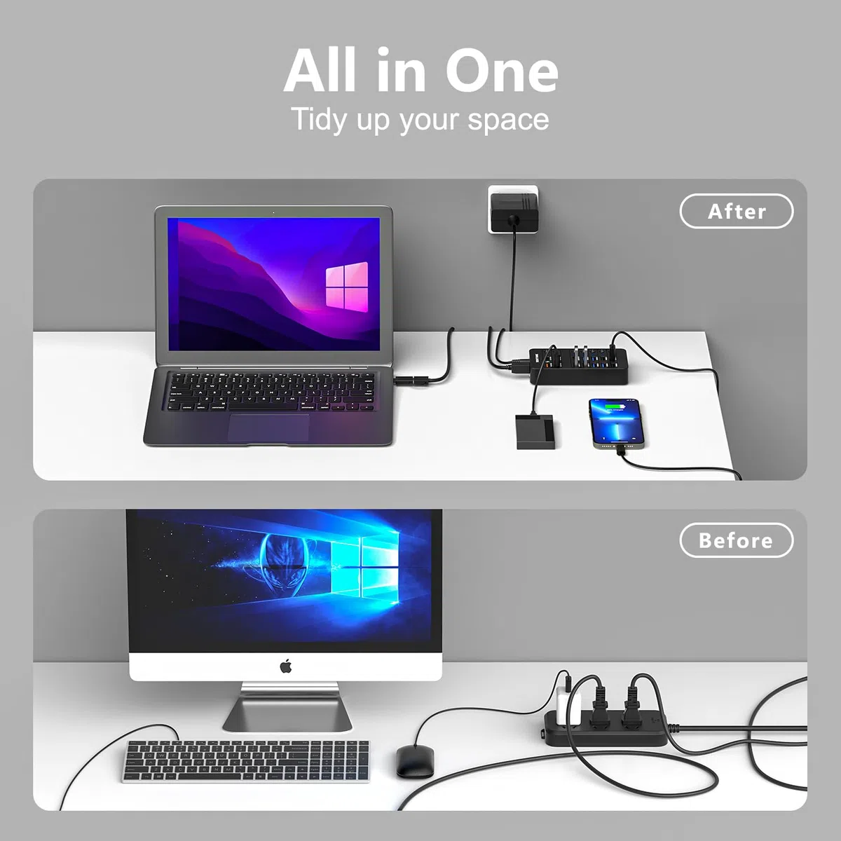 Hub USB 3.0 14 ports (6 ports USB 3.0 + 4 ports de charge rapide) avec interrupteur marche/arrêt LED indépendant, avec adaptateur d'alimentation 60 W pour Mac, PC
