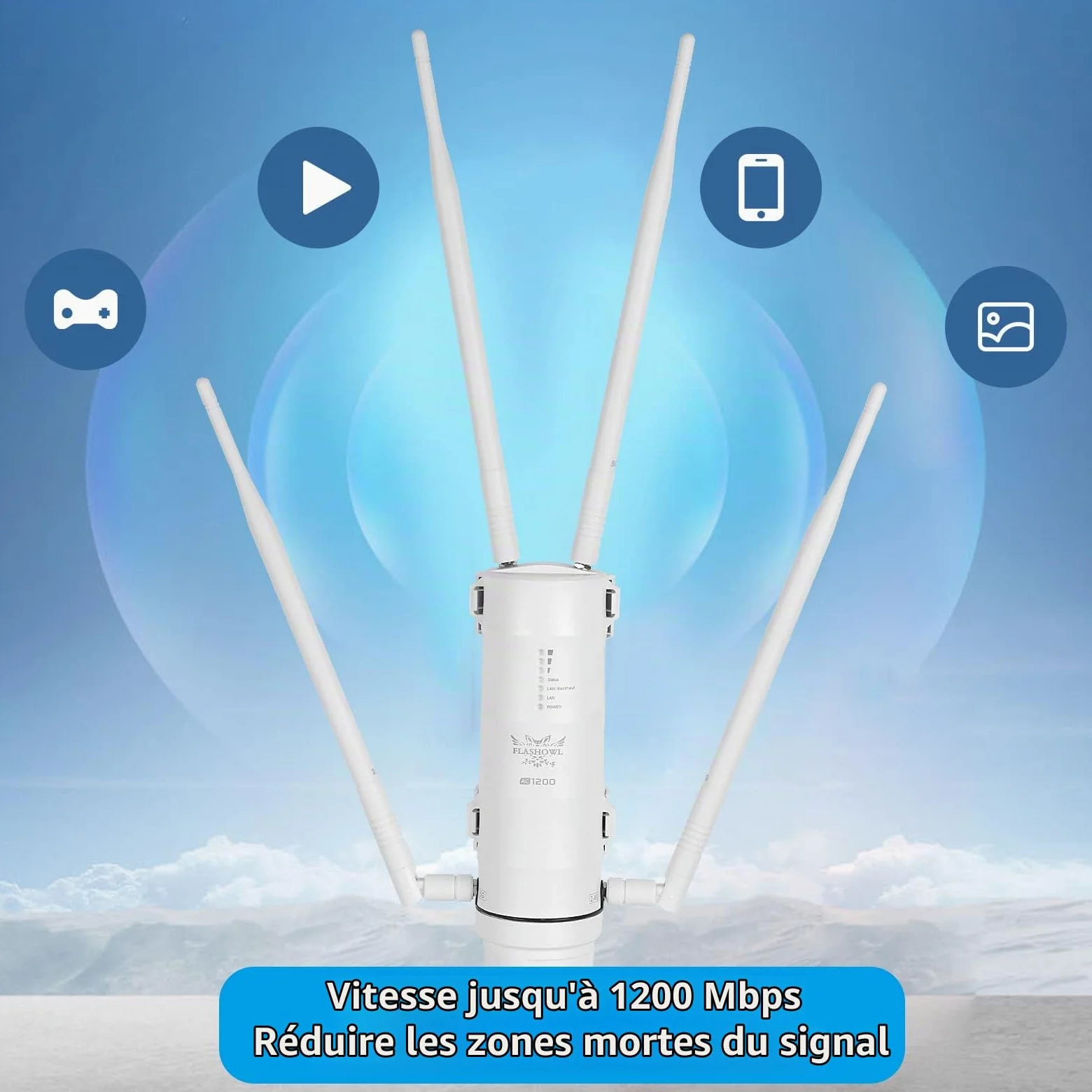 Répéteur WiFi Extérieur AC1200 Amplificateur WiFi Extérieur IP65 | Antenne WiFi Extérieur longue portée Double bande 2.4GHz 5GHz 4 antennes Répéteur WiFi pour caméra jardin garage terrasse