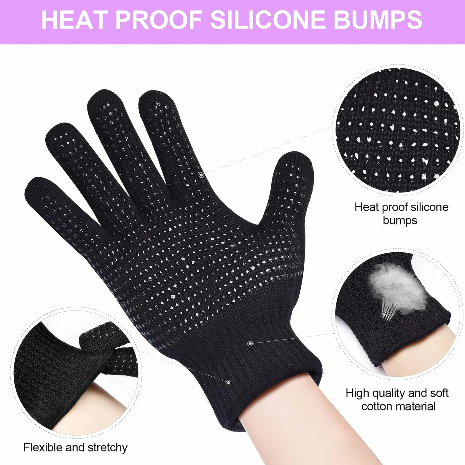 Gants Résistants à la Chaleur pour Fer à Friser avec Coussin d'Isolation Thermique en Silicone, Noir