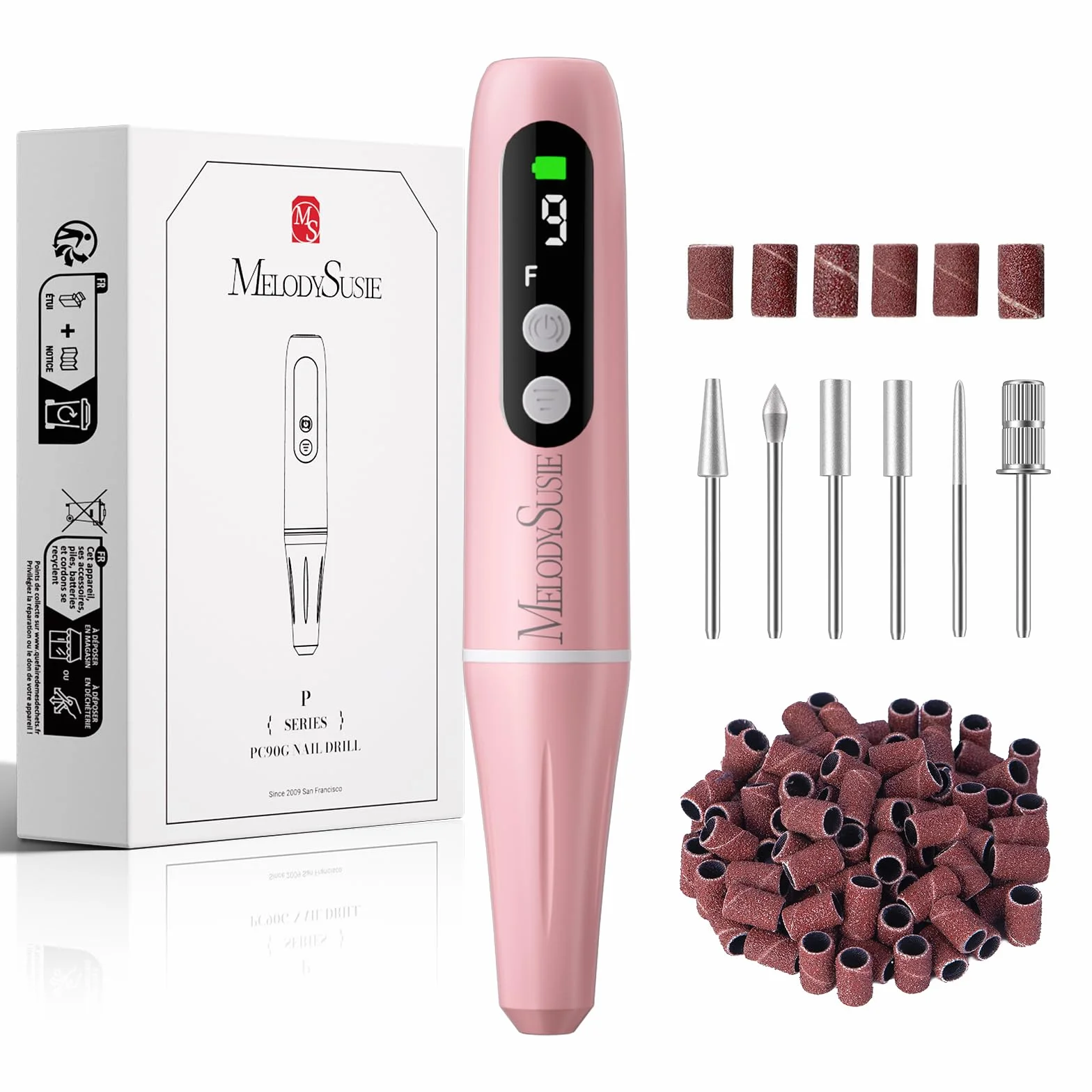 MelodySusie PC90G Ponceuse pour Ongles Rechargeable 20000 tr/min Sans Fil LED Rose