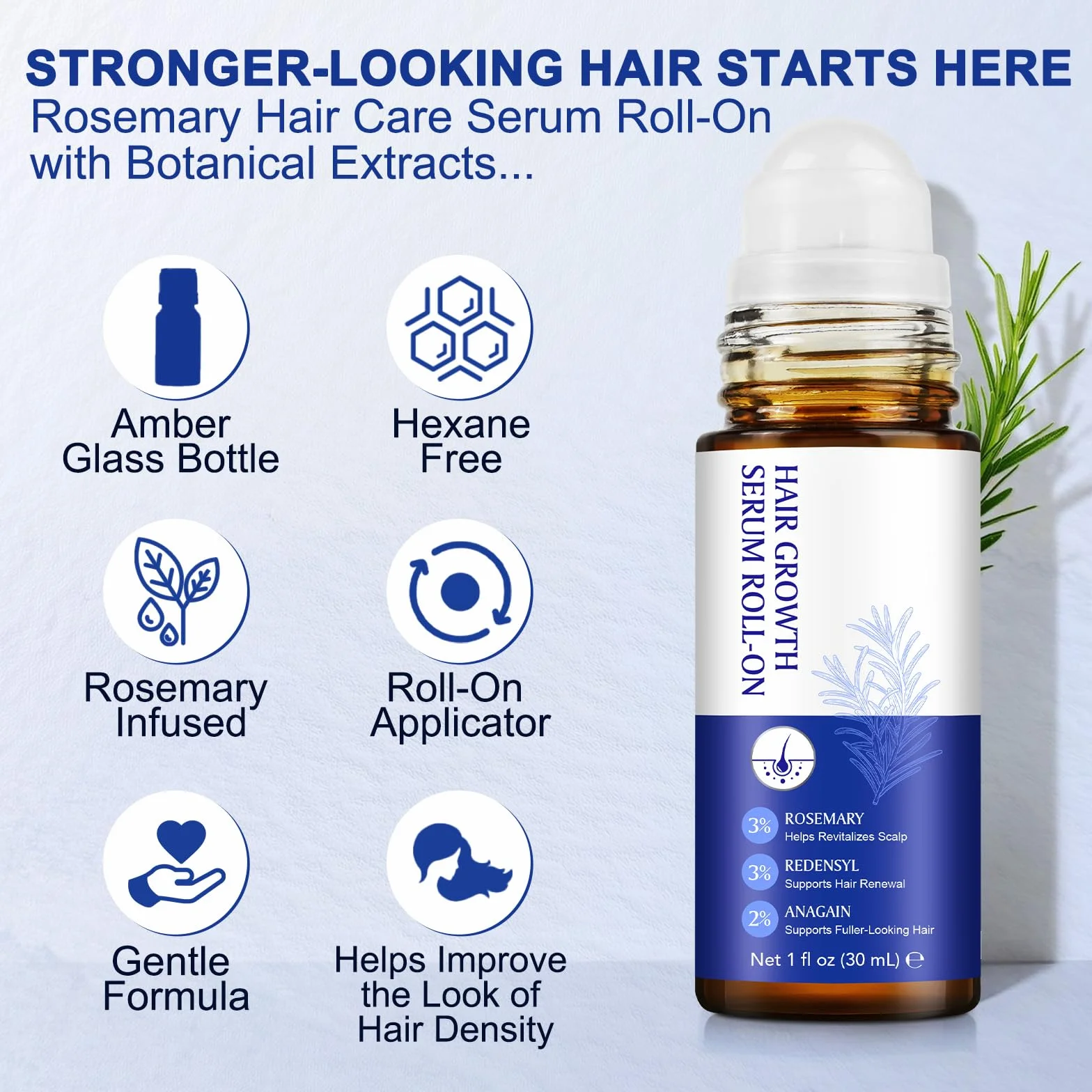 Huile et sérum de croissance capillaire au romarin 3%, Redensyl 3%, Anagain 2% - 30 ml