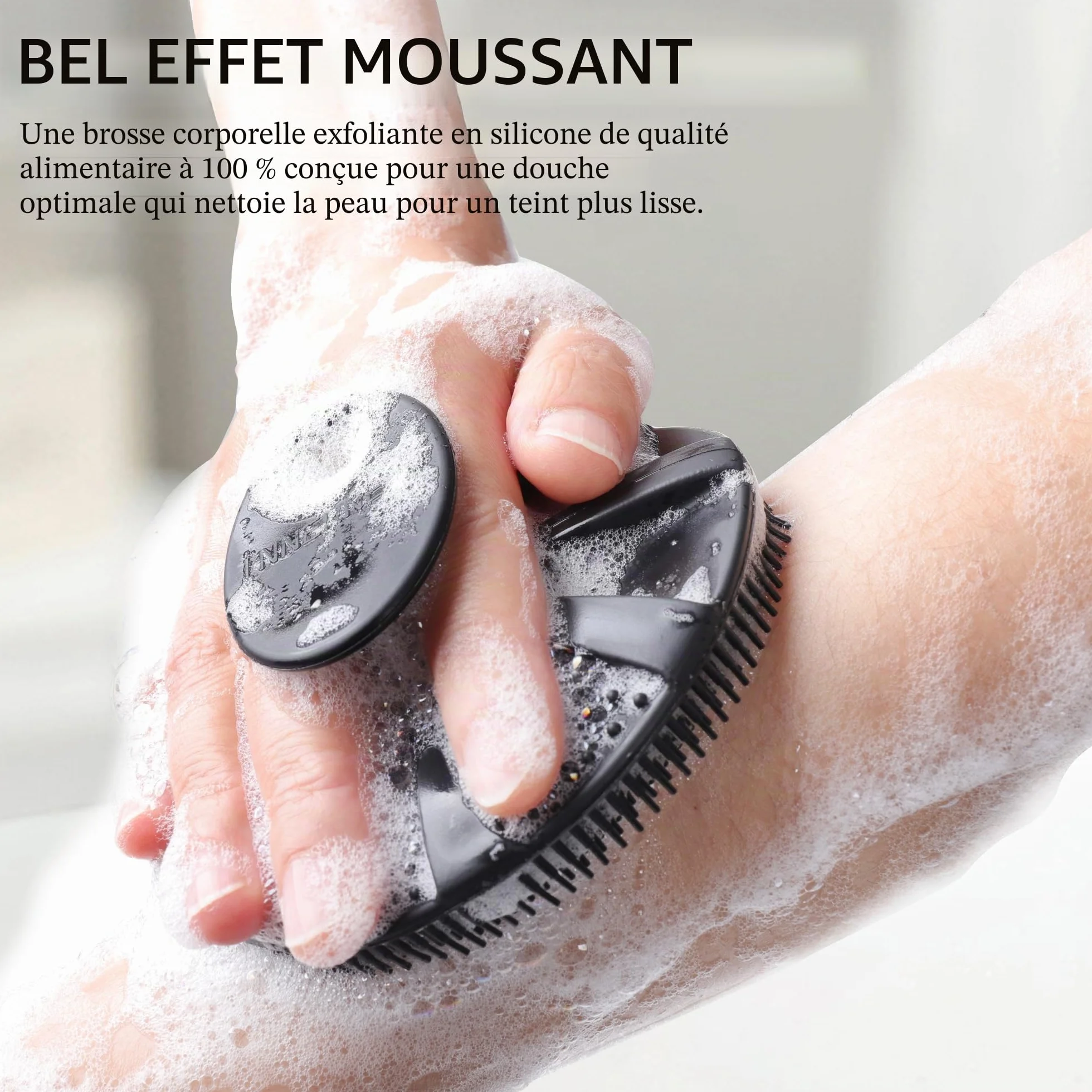 Brosse de douche en silicone souple de qualité alimentaire exfoliante douce et moussante noir