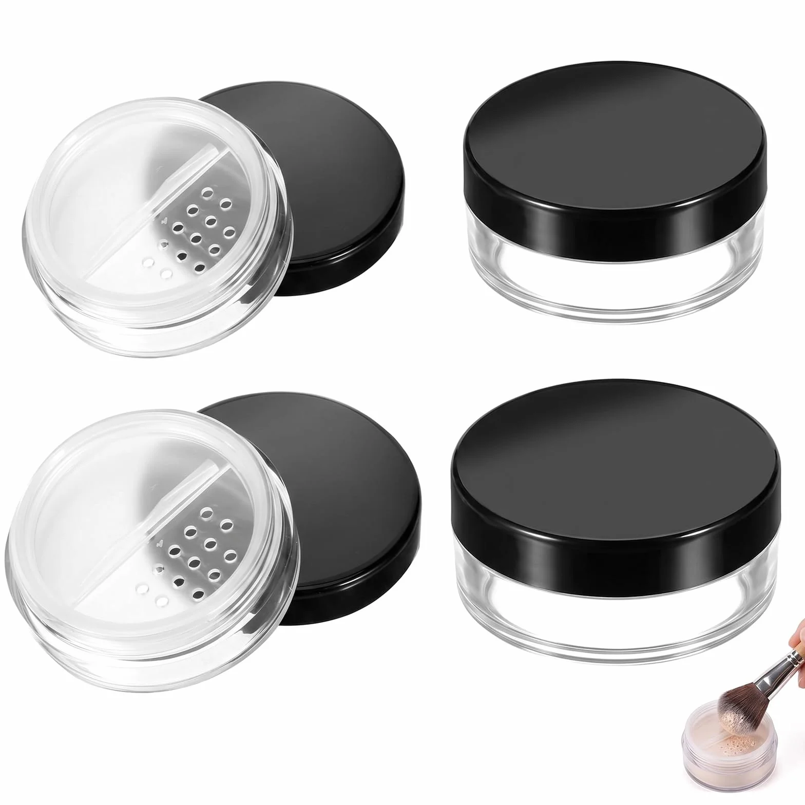 Lot de 4 Boîtes à Poudre Portables Vides Réutilisables 10g*2+20g*2 Transparentes Couvercle Noir Tamis Amovible Intégré Cosmétiques Voyage
