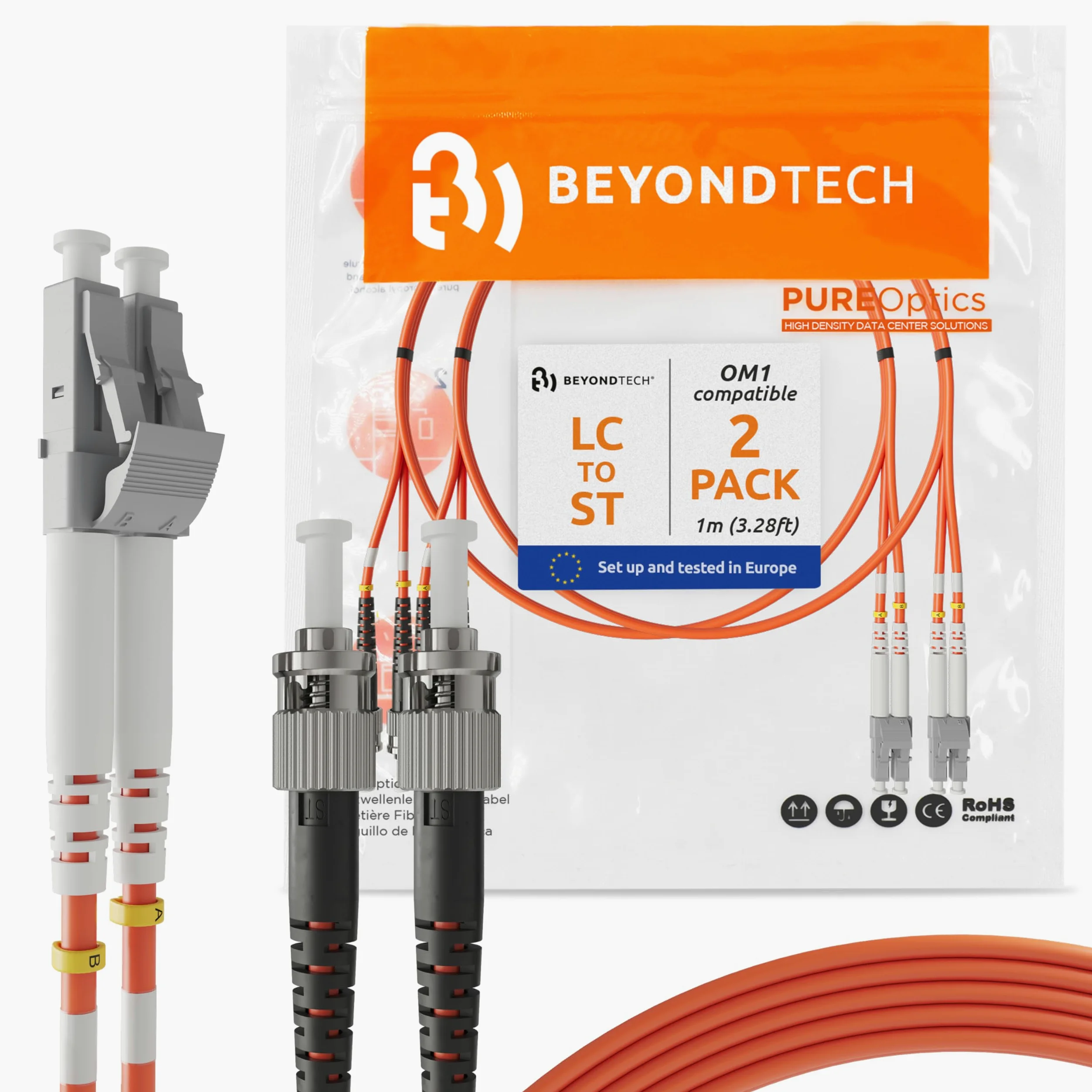 BEYONDTECH Lot de 2 câbles de raccordement en fibre optique duplex multimode LC vers ST de 1 m - Noyau 62,5/125 µm, compatible avec OM1 - LSZH PUREOptics Series