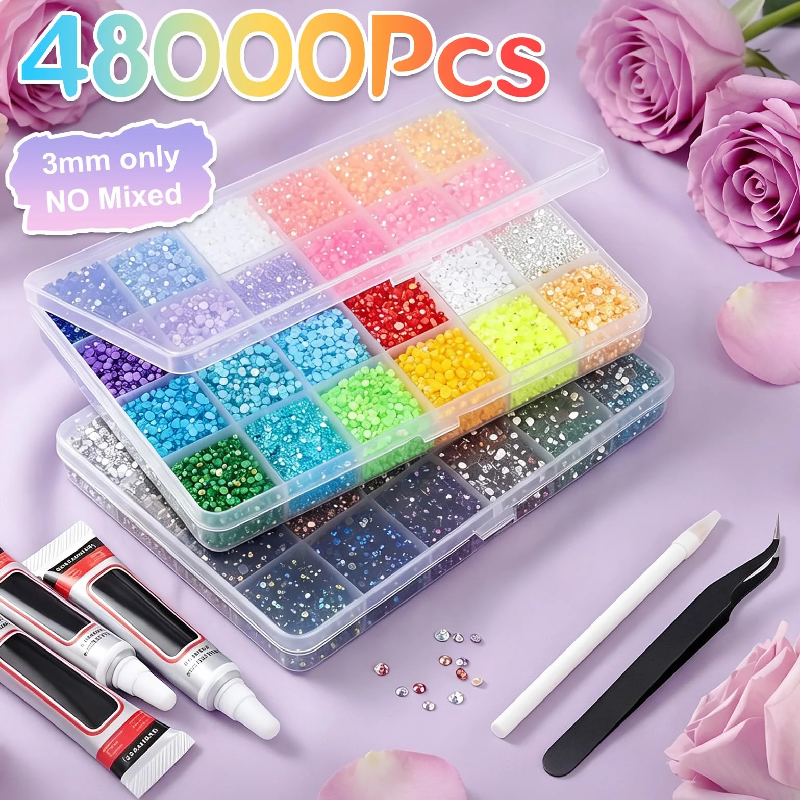Kit Strass à Coller 48000PCS 48 Couleurs, Strass 3 mm Flatback pour Nail Art et DIY Décoration