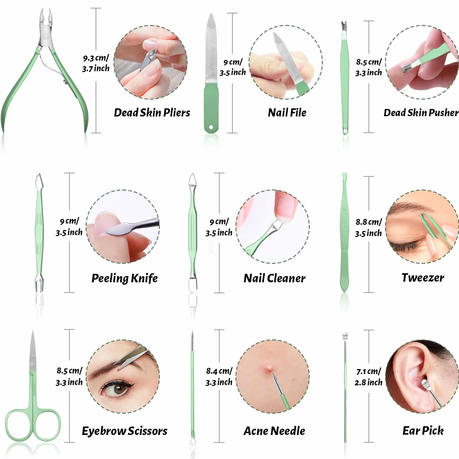 Kit Manucure Pédicure Professionnel 12 en 1 avec Sac de Voyage en Cuir Vert