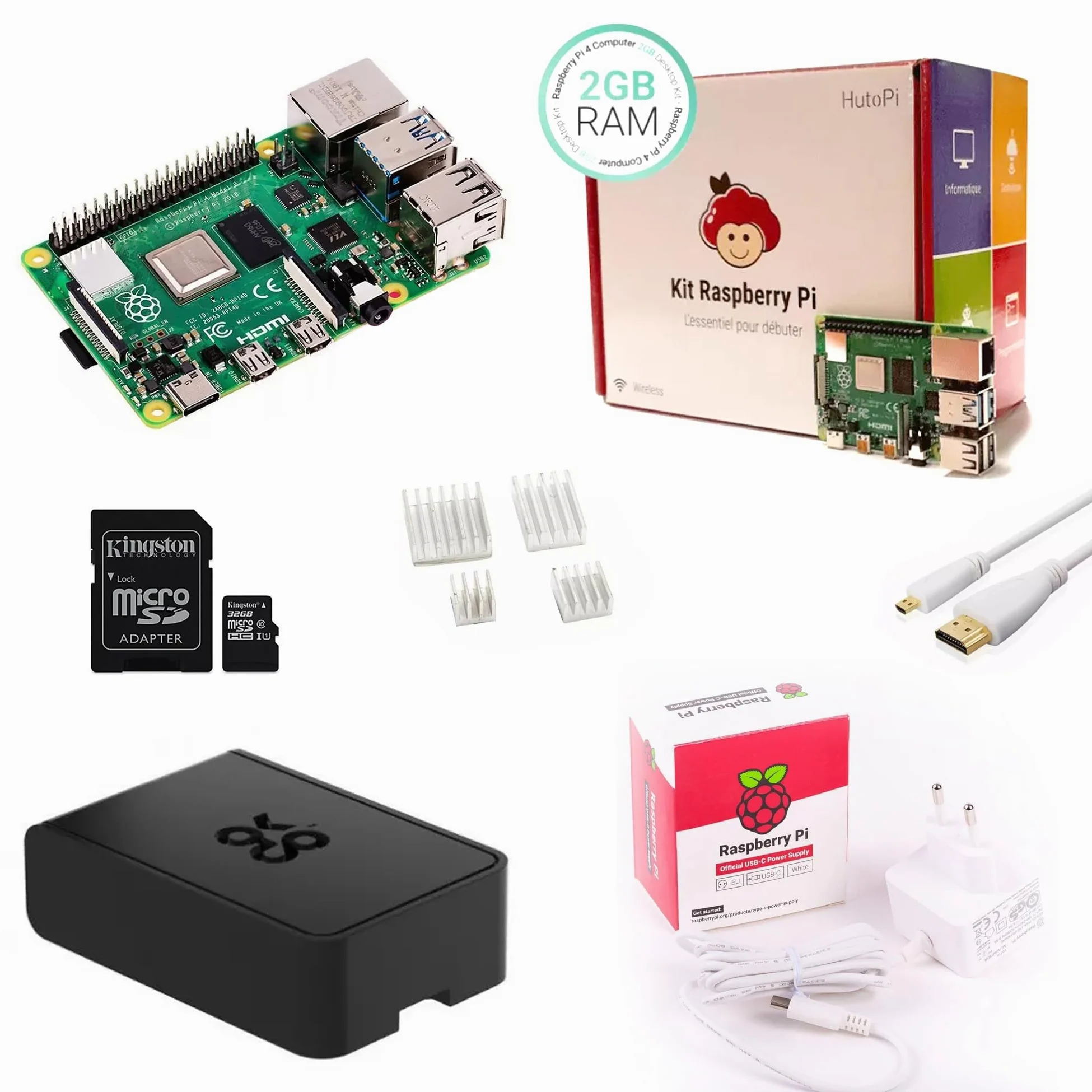 Raspberry Pi 4 Model B 2GB Starter Kit RPi 4 Modèle B 2Go avec Carte Noobs Micro SD 32Go Alimentation USB-C Officielle 5V 3A Cable Micro HDMI 4 Dissipateurs Thermique Boitier