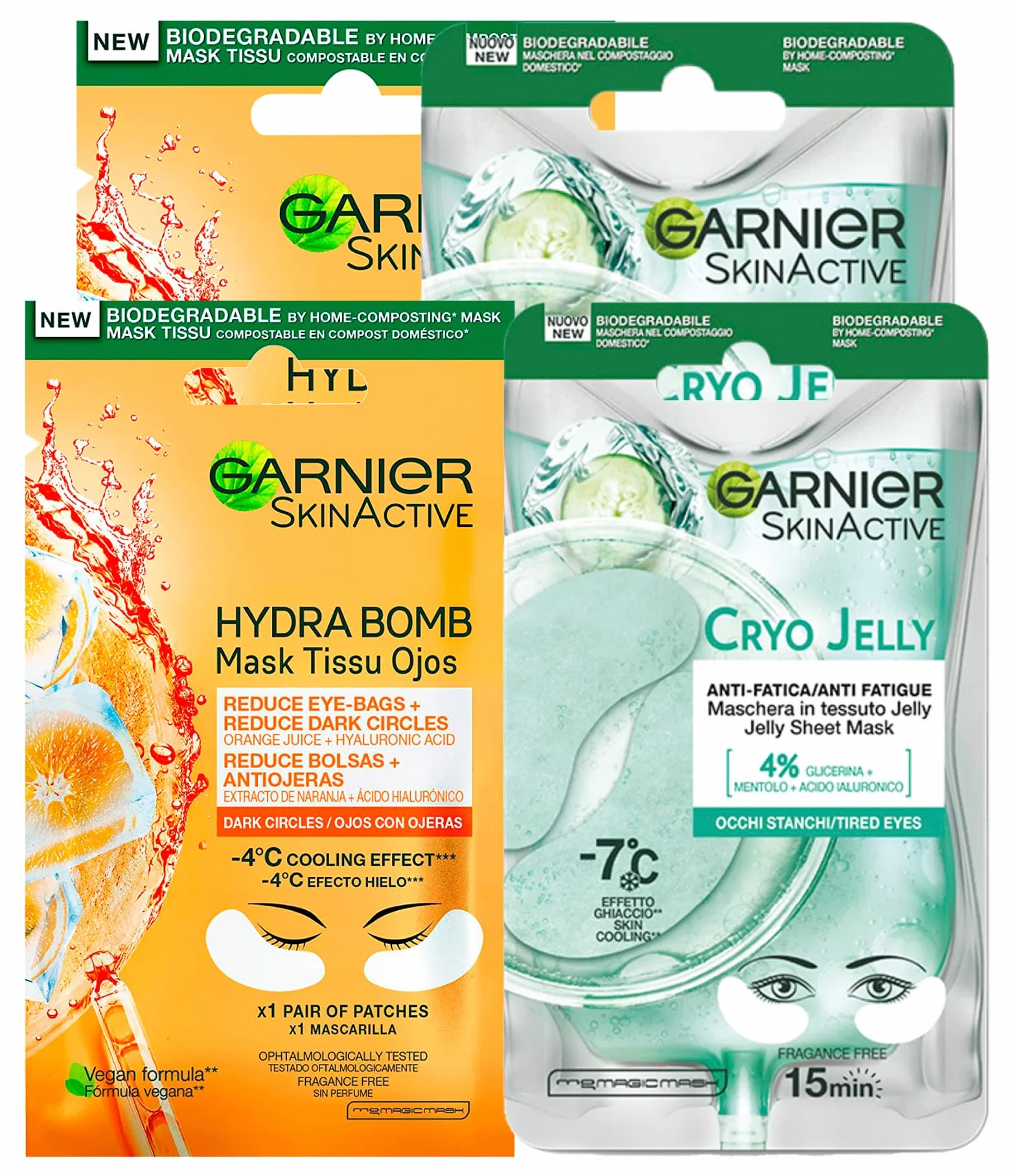 Garnier SkinActive Hydra Bomb Masque Yeux Cernes Acide Hyaluronique 4 Patchs + Cryo Jelly Anti-Âge Glycérine Menthol