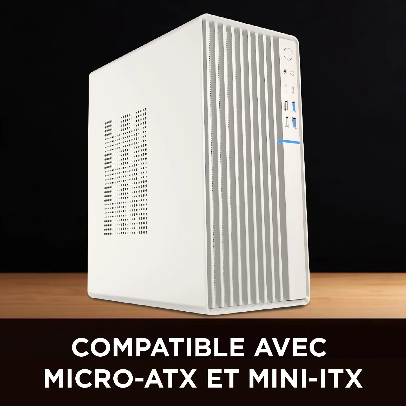 Nuwo Quartz QH300 | Boîtier PC Compact Micro-ATX sans Bloc d'alimentation | Compatible avec MicroATX et Mini-ITX | Refroidissement réseau Frontal | USB 3.0 et Type-C, Blanc