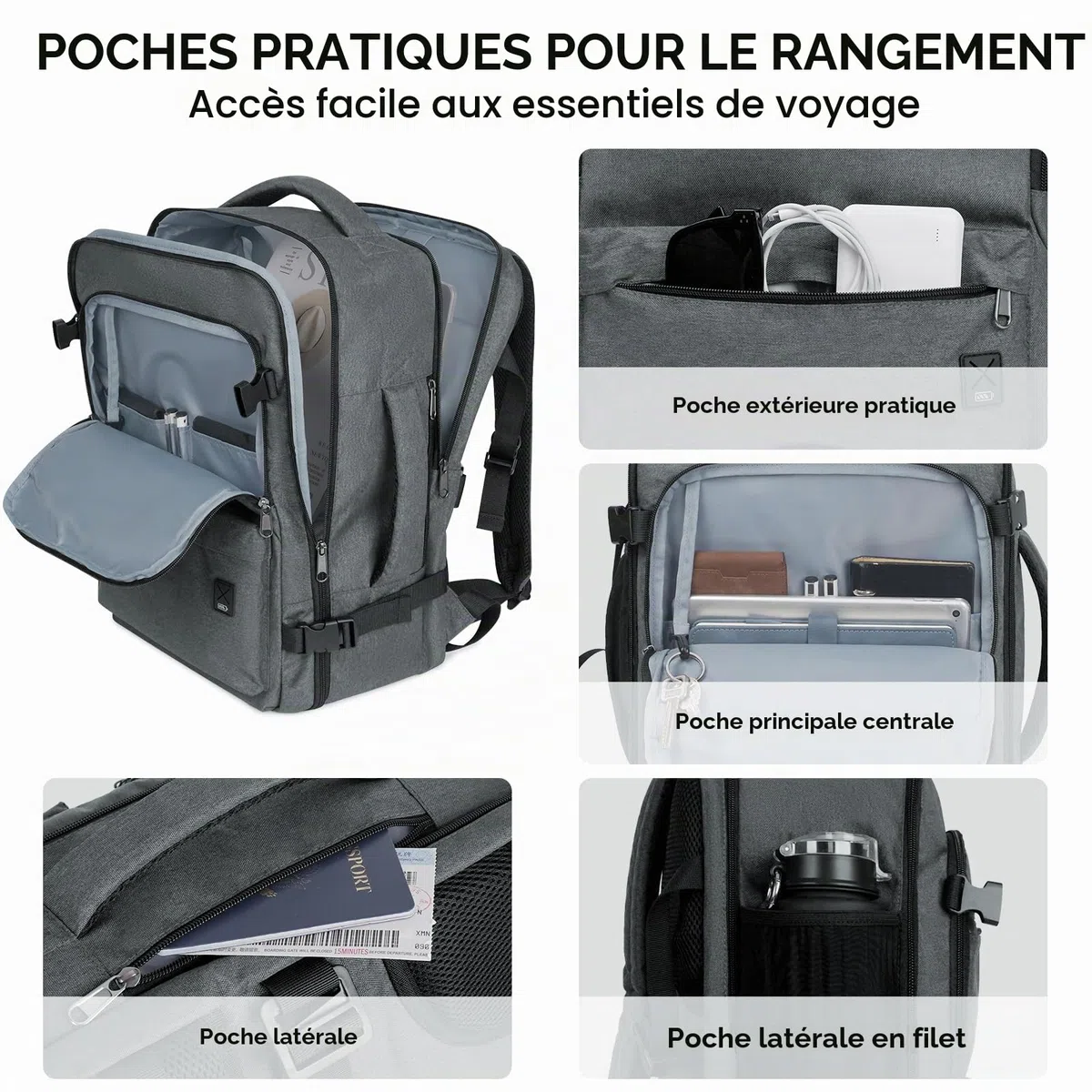 WANDF Sac à Dos Bagage à Main 45x36x20cm pour Easyjet Airlines, Sac à Main de Voyage sous Siège avec Compartiment Humide, Sac à Dos pour Ordinateur Portable 17 Pouces pour Hommes et Femmes