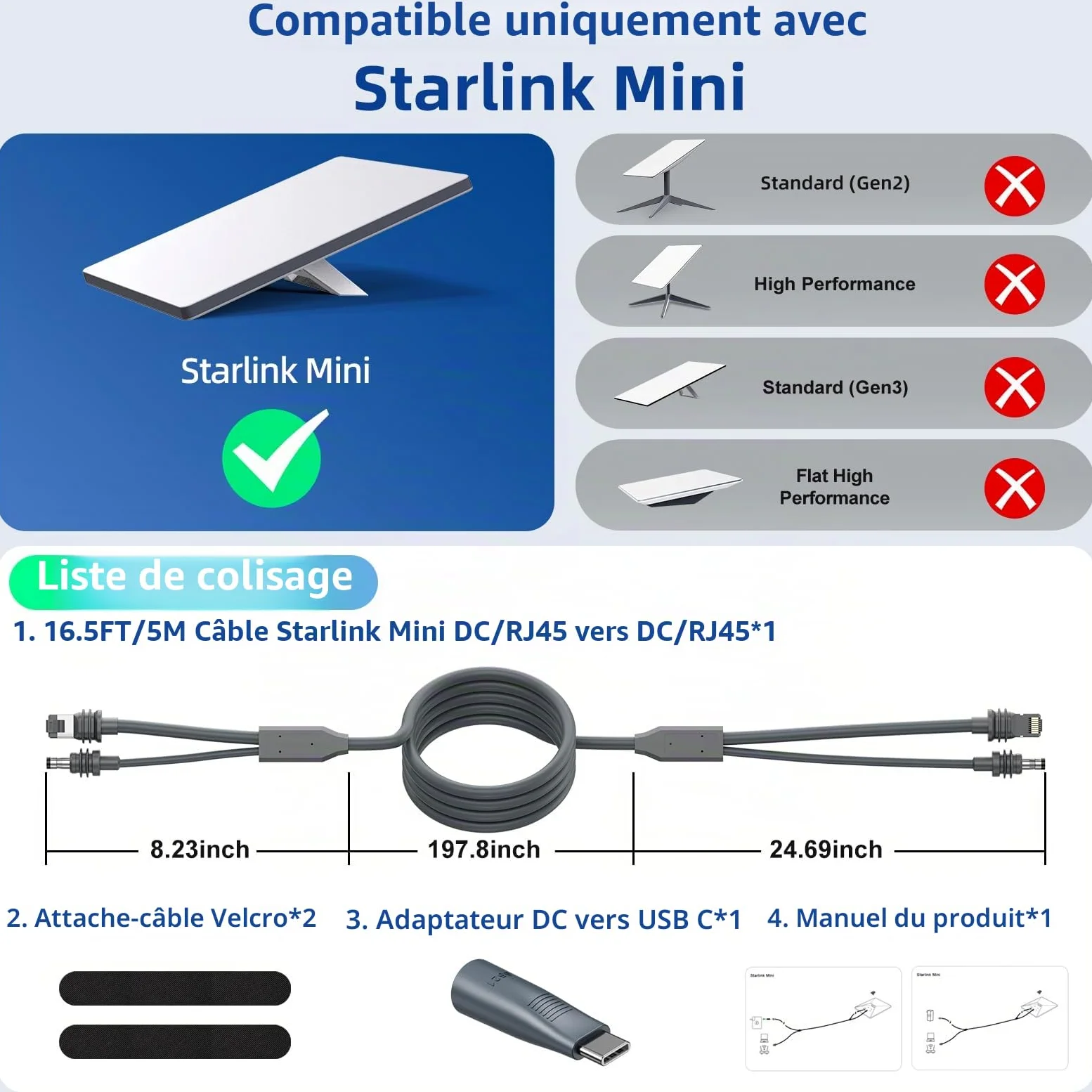 Starlink Mini câble d'alimentation 3 en 1 DC/RJ45 vers DC/RJ45 avec adaptateur DC vers USB C, rallonge étanche Starlink Mini cable d'alimentation