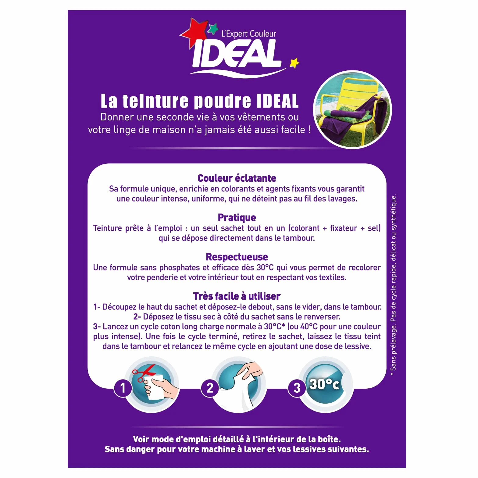 IDEAL Kit Teinture Tout en Un Mini Violet 230 g - Colorant Textile Longue Tenue - Coton, Lin, Soie, Viscose