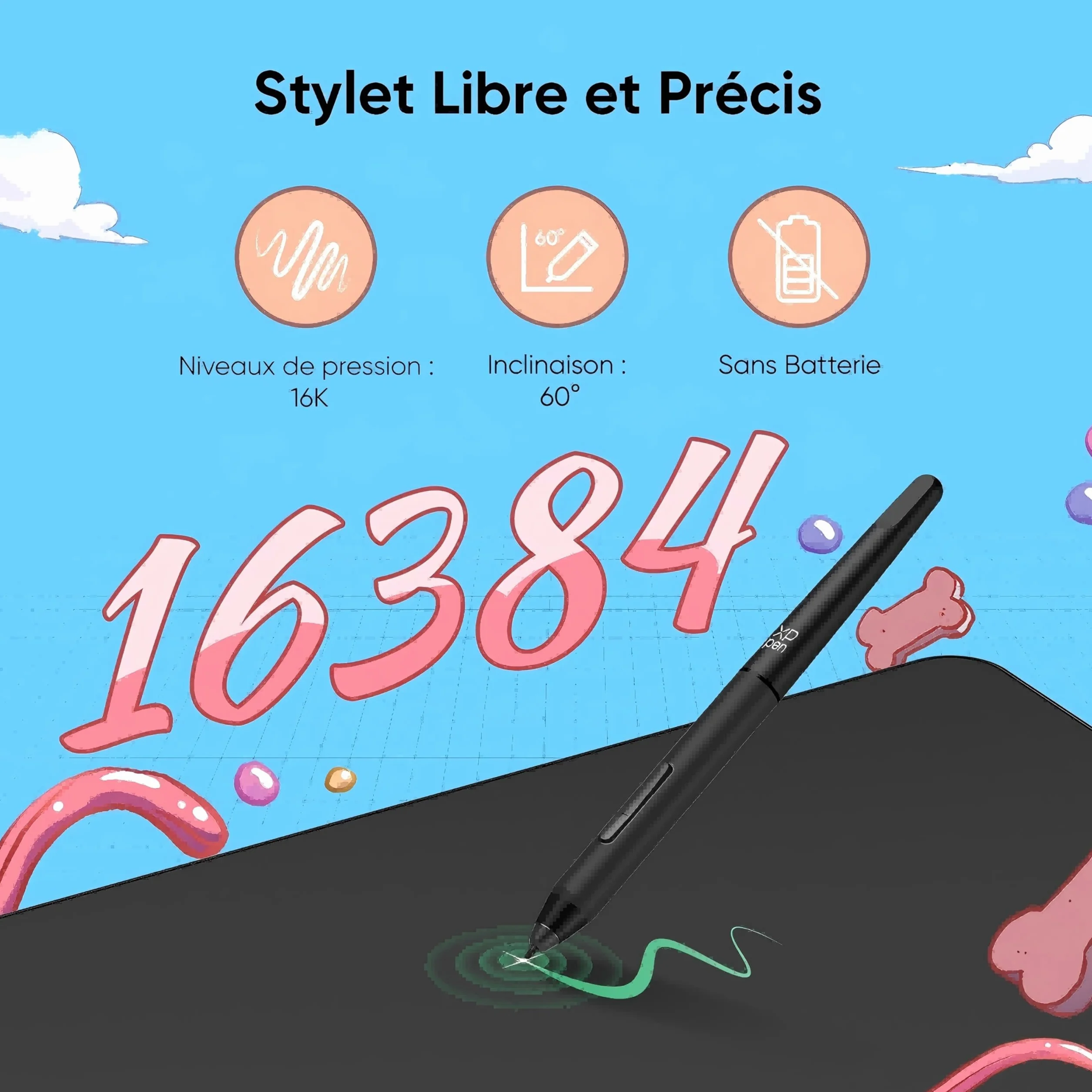 XPPen DECO01V3 Tablette Graphique Dessin 10x6 Pouces Stylet Passif 16384 Niveaux Inclinaison 8 Raccourcis
