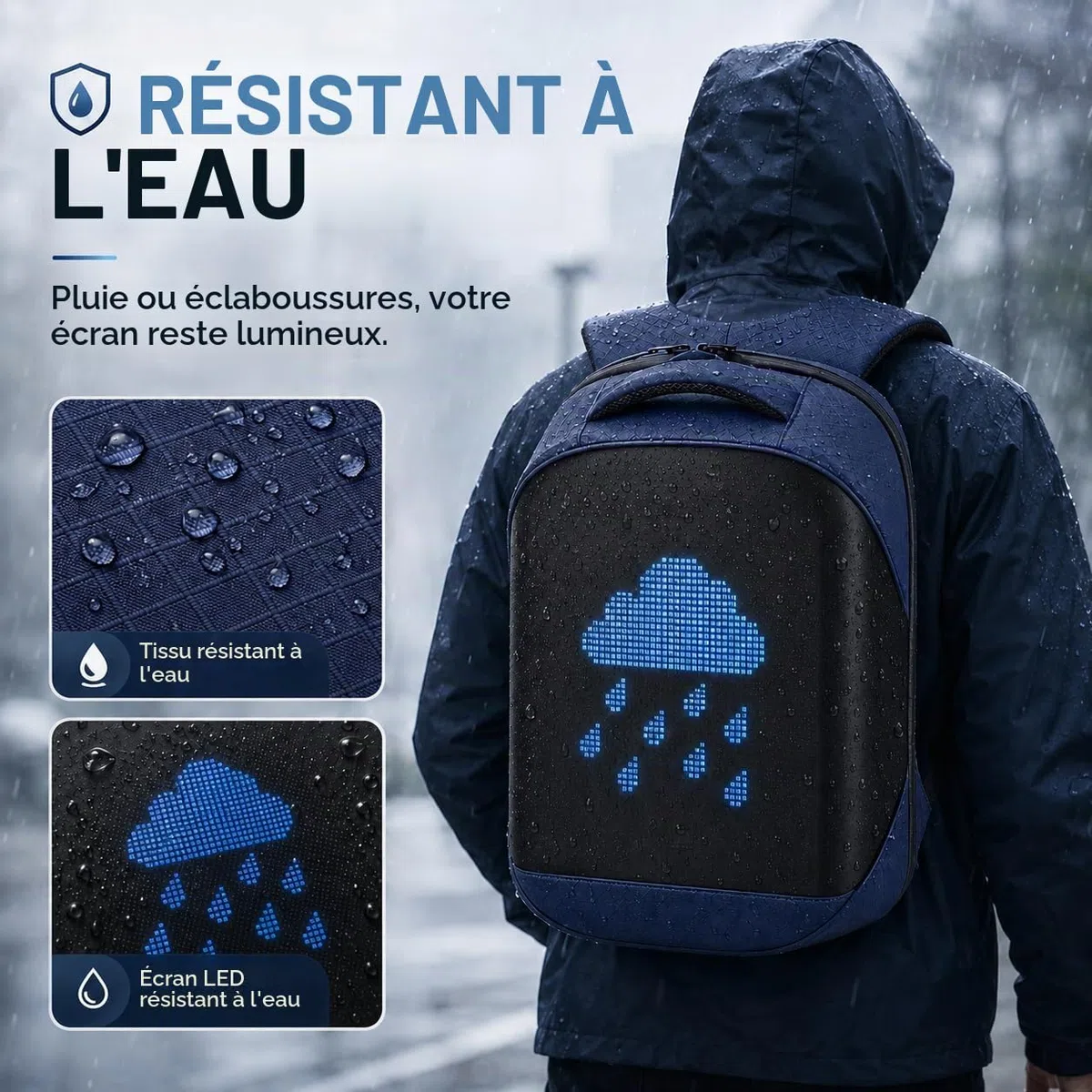 Sac à dos avec écran programmable, Sac à dos pour ordinateur portable avec contrôle APP, Étanche, Voyage, Sac pour moto,bleu(Pas de banque d'alimentation incluse)