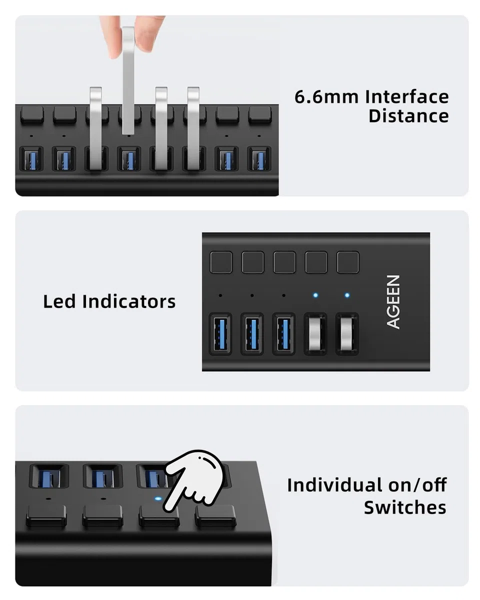 Hub USB 3.0 avec alimentation, répartiteur de hub USB C à 16 ports, 16 USB-A 3.2 10 Gbit/s avec commutateurs individuels, adaptateur d'alimentation certifié UL 12 V 8 A 96 W pour ordinateur portable