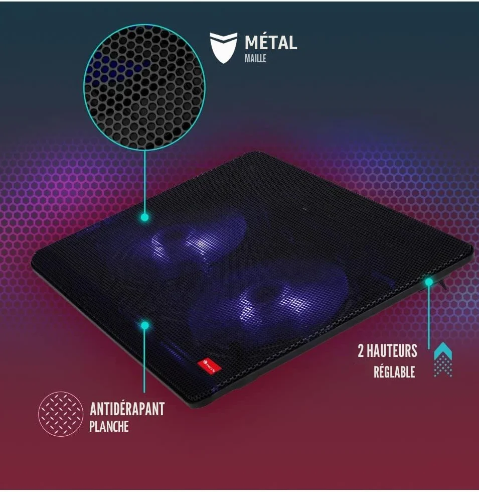 Support de Refroidissement pour Ordinateurs Portables jusqu'à 15,6" Hauteur Réglable, Ventilateurs Silencieux, Port USB, Lumière LED, Treillis Métallique