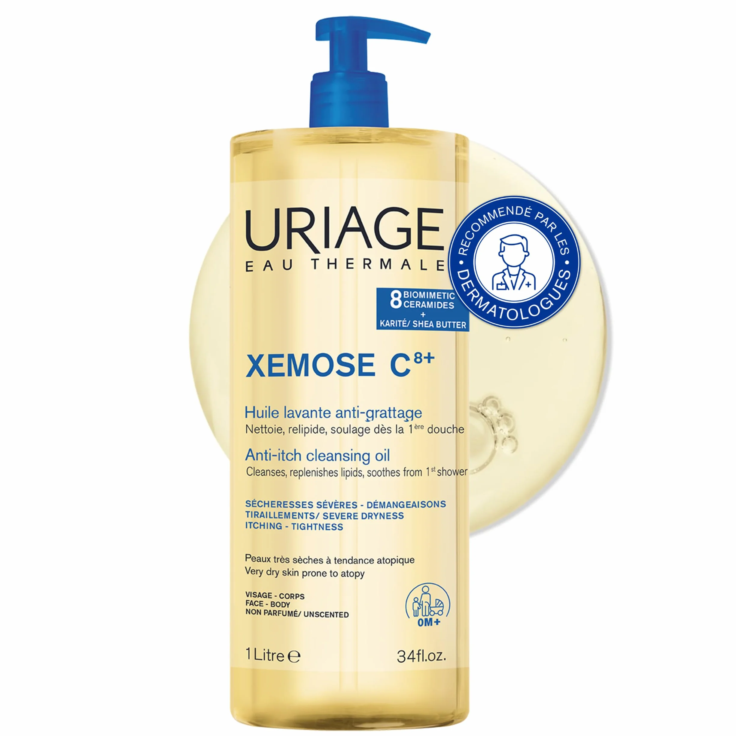 Uriage Xemose Huile Lavante Peau Sèche Atopique Gel-en-Huile Moussant Nourrissant Visage Corps Non Parfumée Sans Savon pH Physiologique