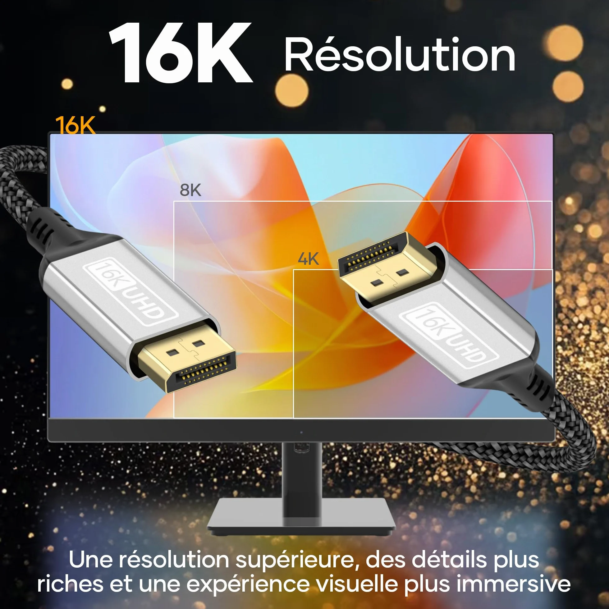Câble DisplayPort 2.1 16K 5m 80Gbit/s HDR FreeSync G-Sync DSC 1.2a HDCP 2.2
