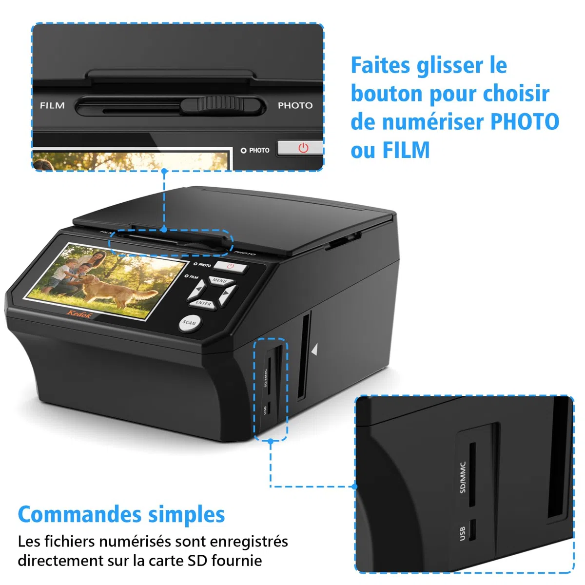 Scanner 4-en-1 Diapositives et Négatifs, Scanner Photo 22MP avec Écran LCD 5", Convertit 135/110 Films/Négatifs/Photos en JPEG Numérique, Carte SD 8Go Incluse