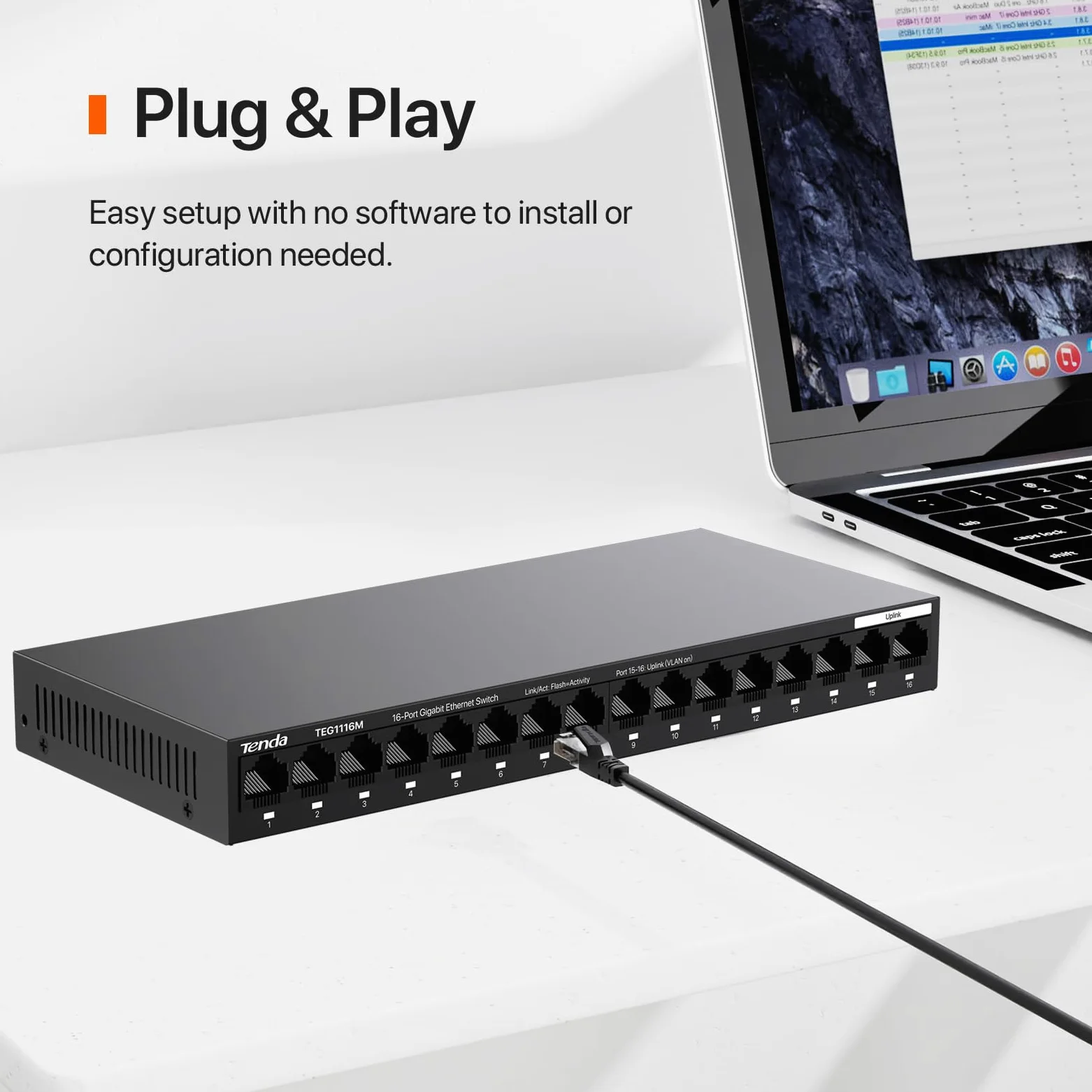 Tenda TEG1116M Commutateur Gigabit à 16 Ports, commutateur Ethernet Non géré avec optimisation du trafic, Plug & Play, Interrupteur réseau sans Ventilateur et Design métallique, Protection limitée